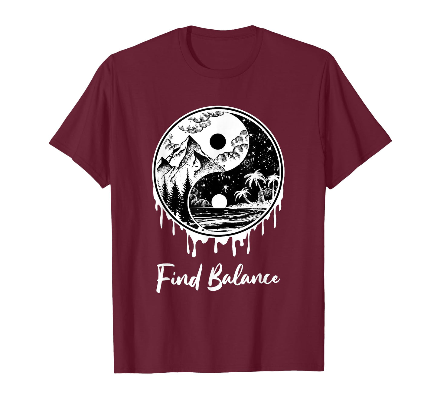 Yin Yang Find Balance Symbol Nature Night Day Mountain Beach Men Women T-Shirt