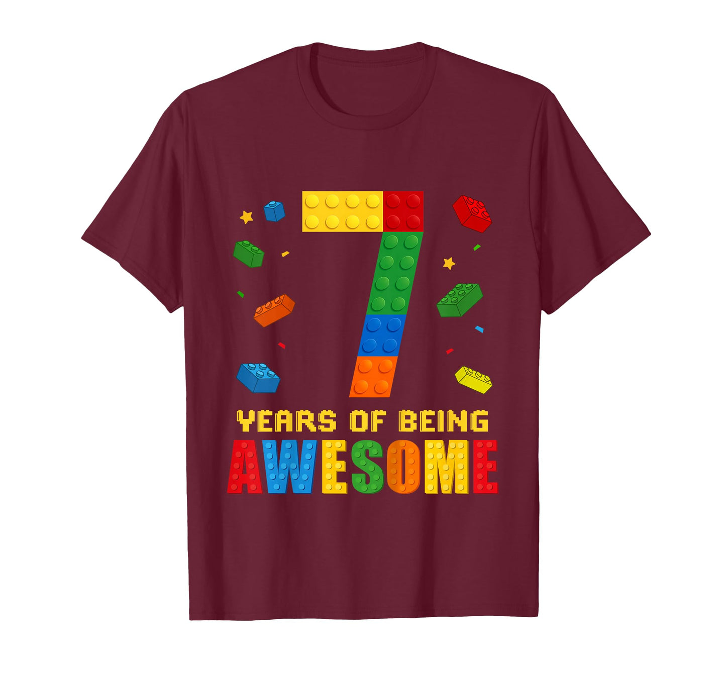 Kids 7 Year Old Birthday Boy Being Awesome Building Bricks 7th T-Shirt