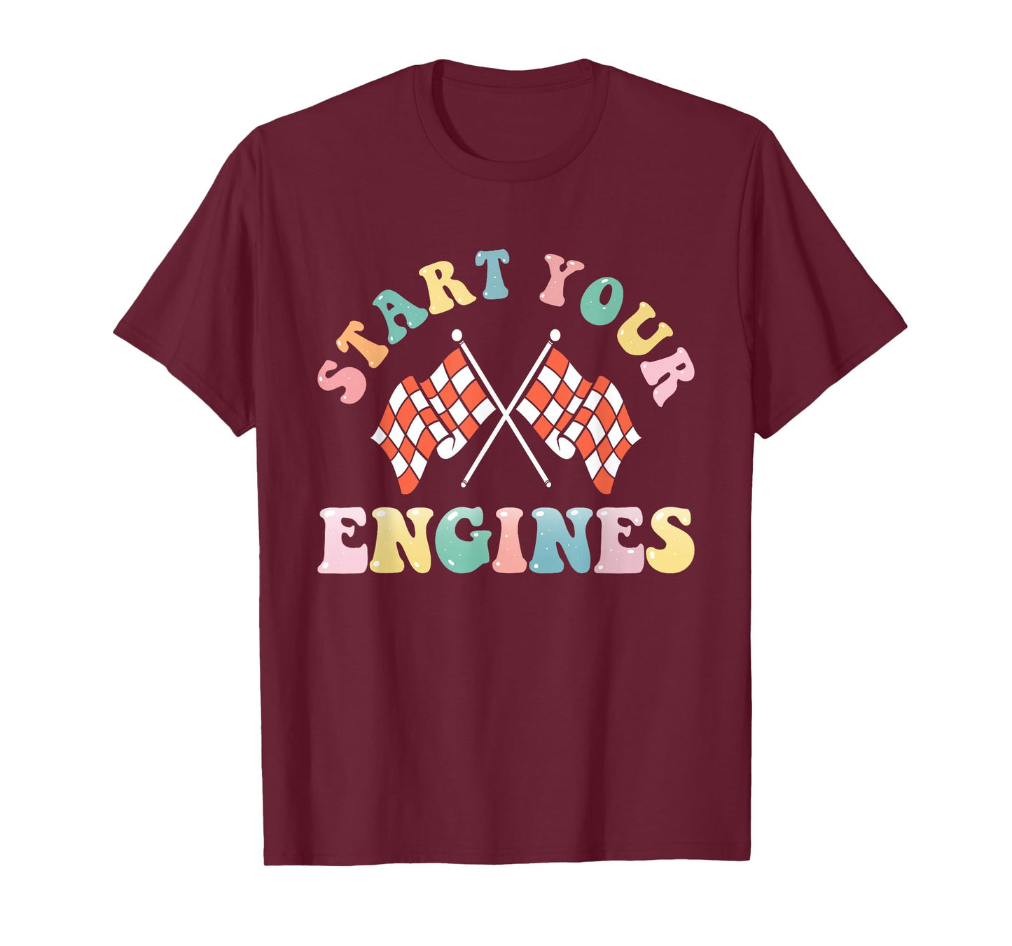 Start Your Engines Retro Groovy Checkered Flag Race Car Girl T-Shirt