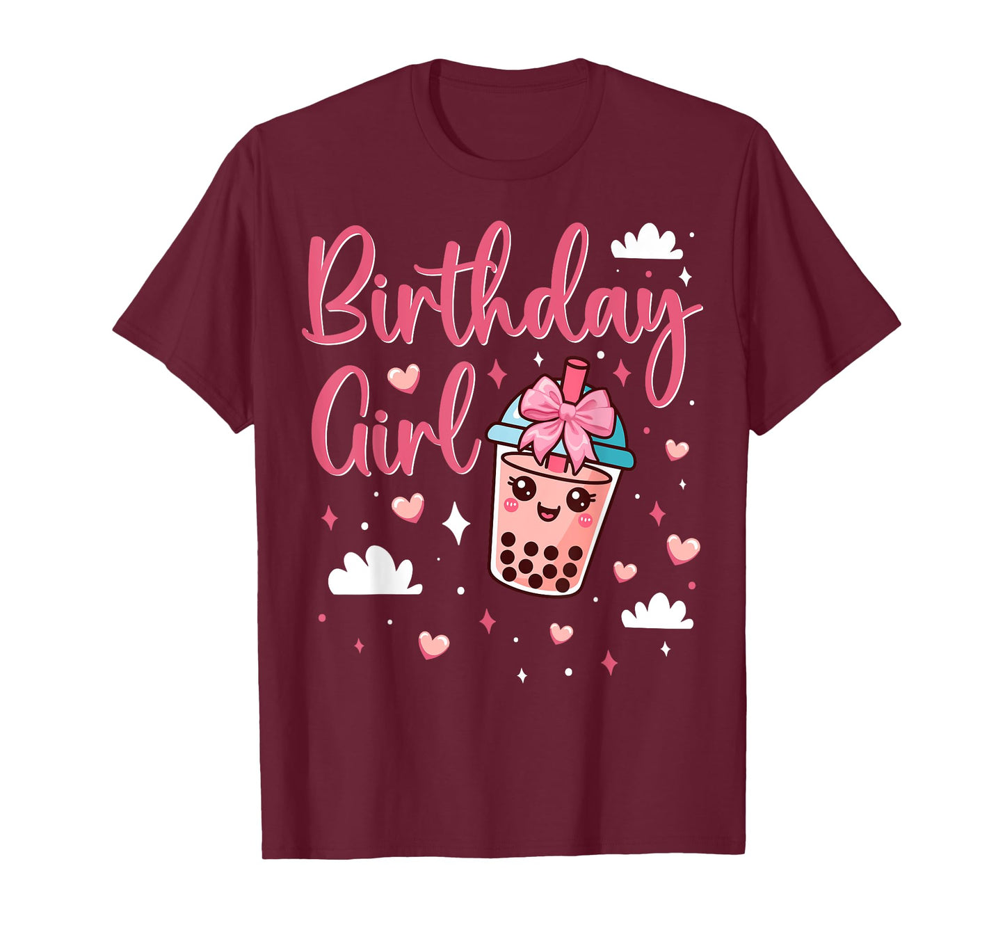 Happy Birthday Girl Cute Pink Bow Bubble Boba Tea Anime T-Shirt