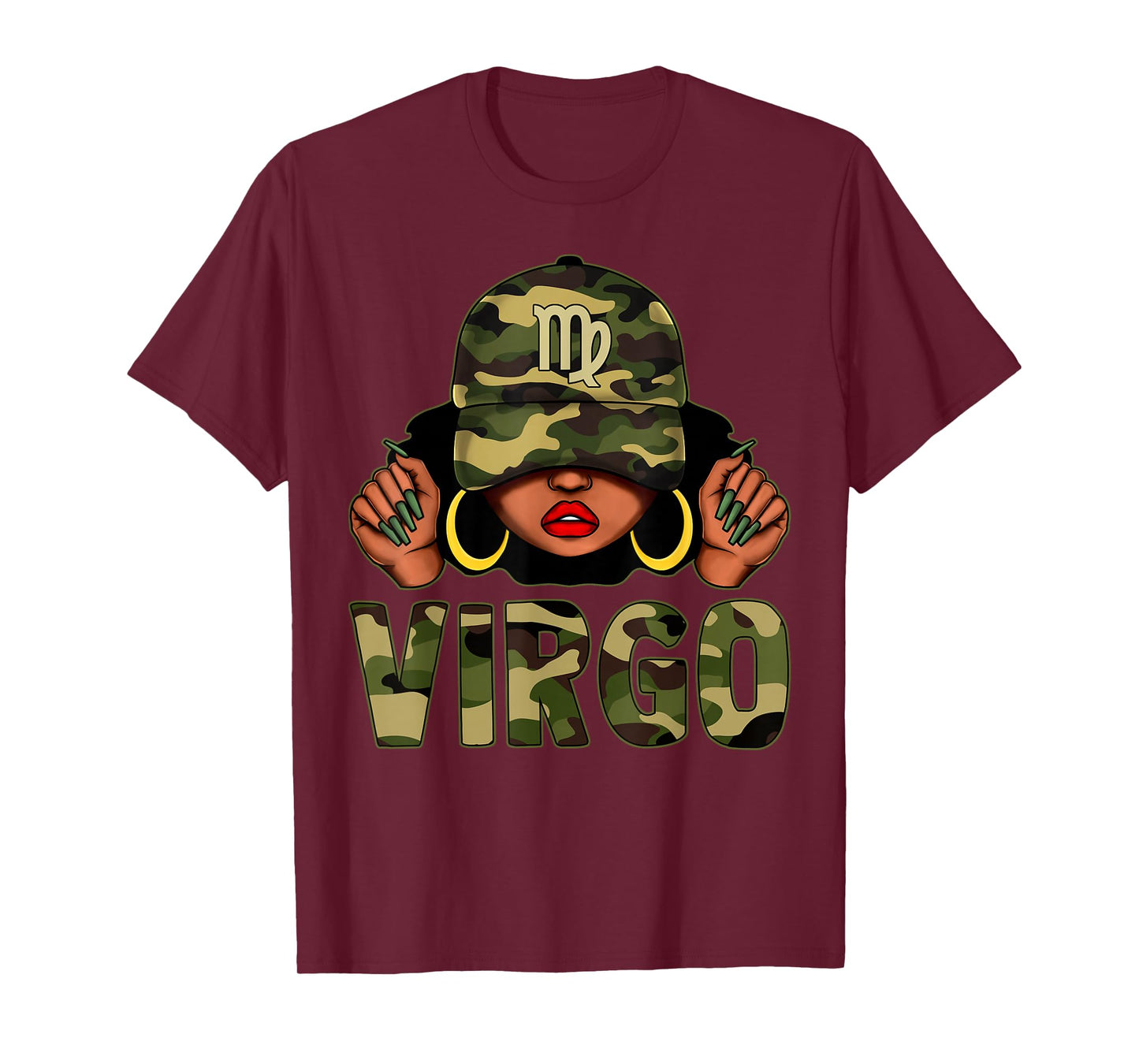 Virgo Queen Black Woman With Cap Camo Afro Girl Zodiac T-Shirt