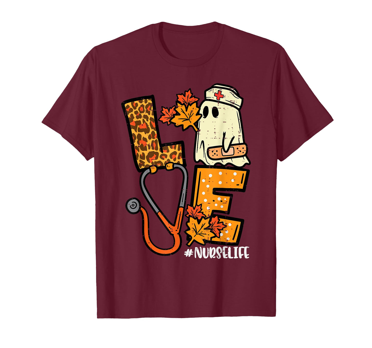 Leopard Ghost Nurse Halloween Costume Fall Scrub Top Women T-Shirt