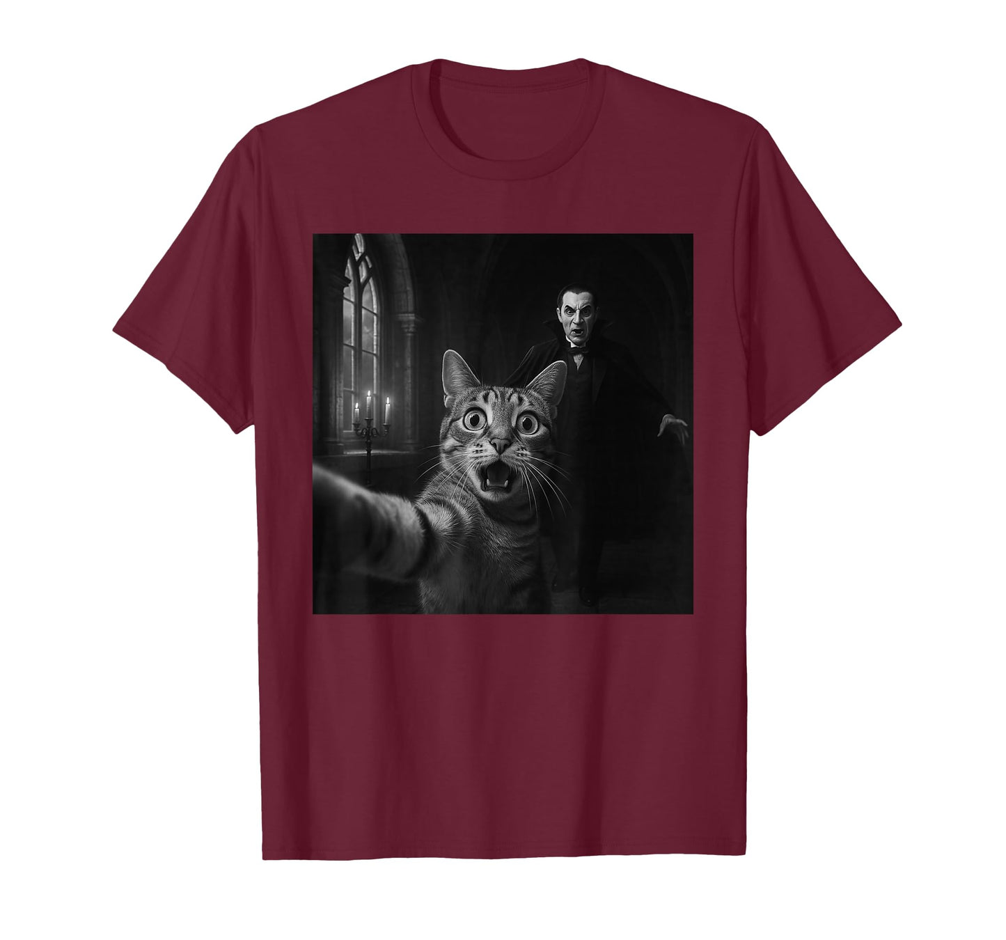 Funny Halloween Surprised Scared Cat Selfie Dracula Vampire T-Shirt