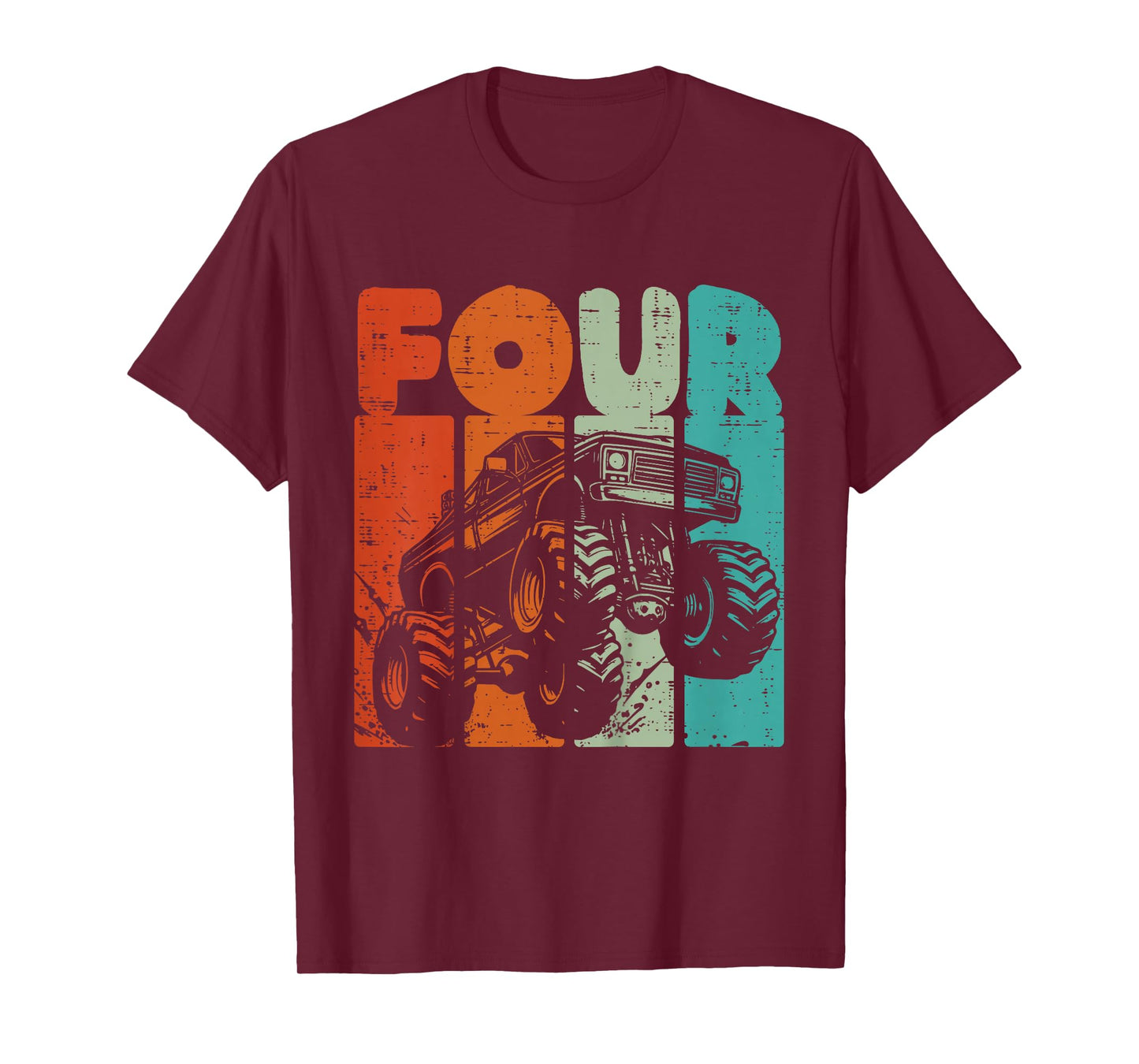 Kids 4th Birthday Monster Truck Four Retro 4 Year Old Bday Boys T-Shirt