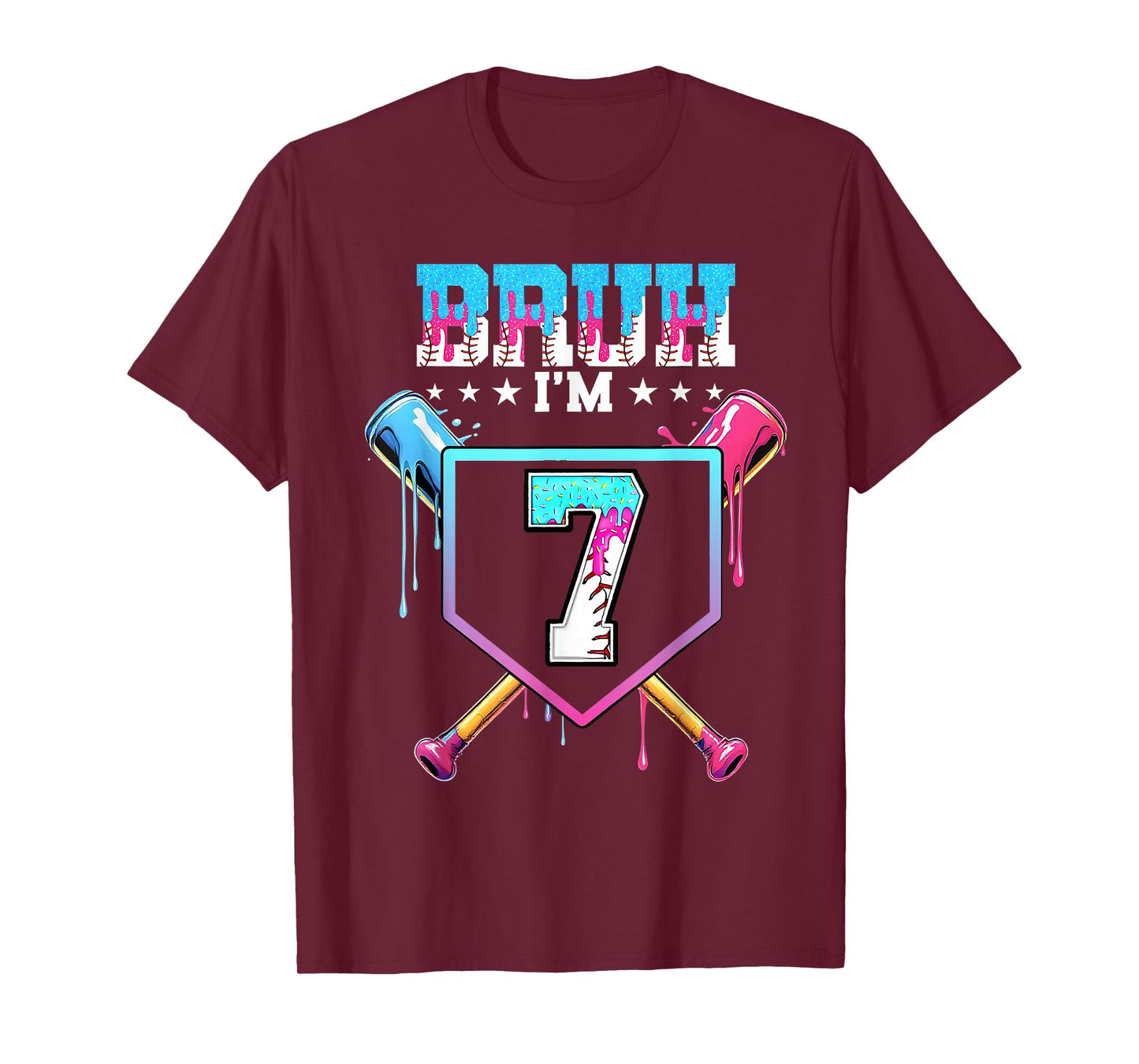 Bruh 7th Birthday Boy Baseball Ice Cream Drip 7 Year Old Boy T-Shirt