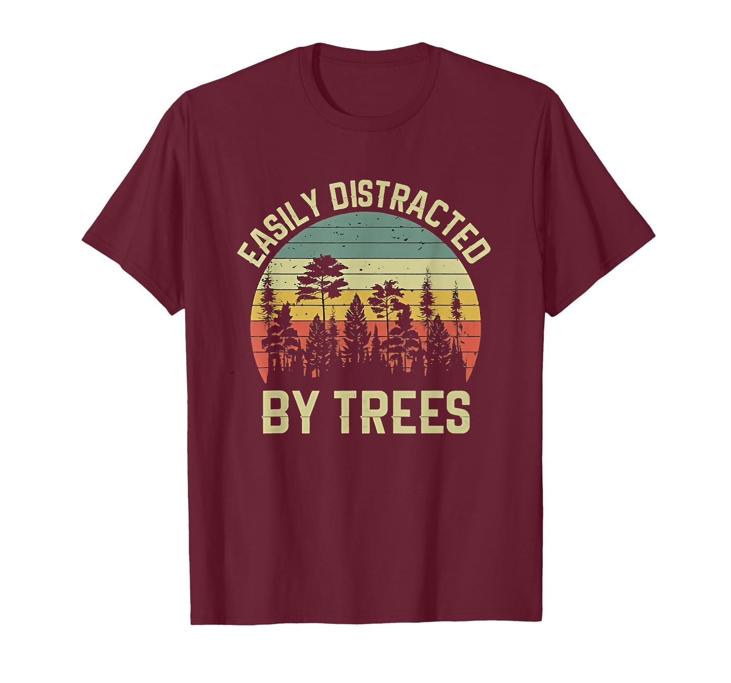 Wekon Easily Distracted By Trees Vintage Funny Tree T-Shirt - Unisex - Black - Small - Short Sleeve - Crew Neck - Retro Tree Print