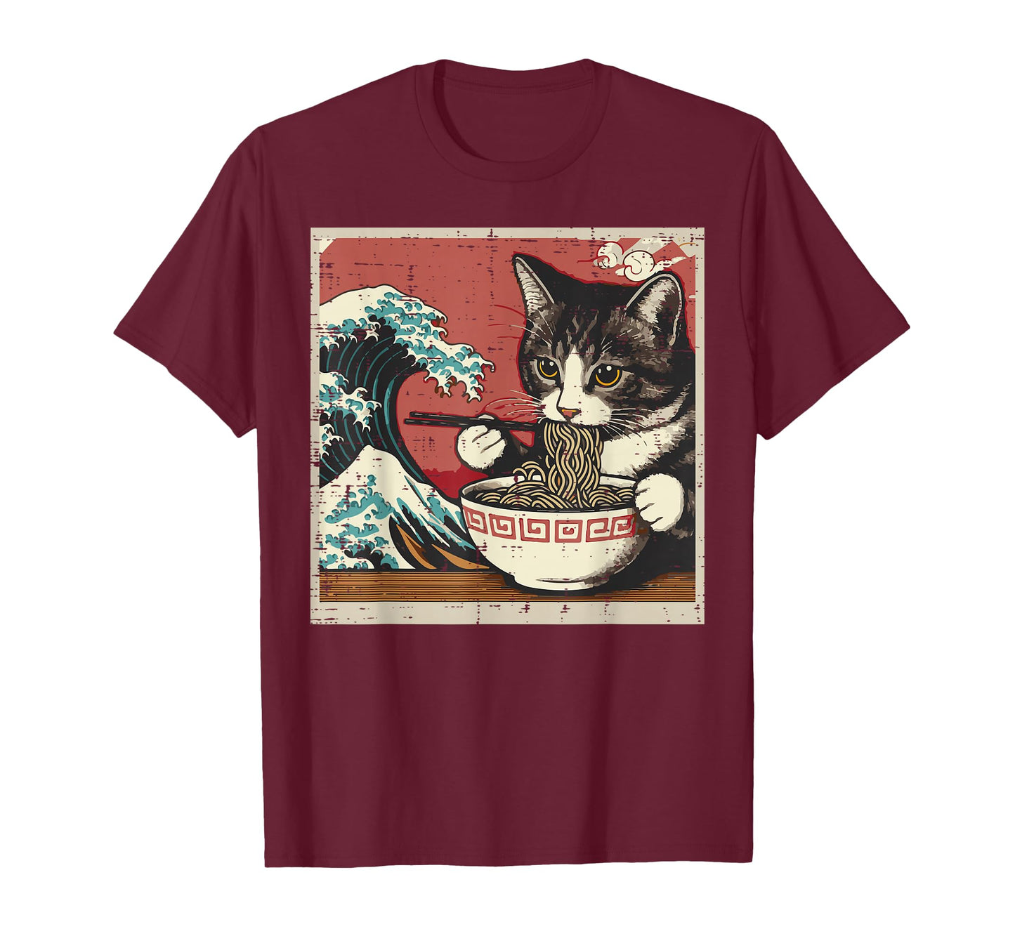 Cat Eating Ramen Great Wave Japanese Food Art Women Men Kids T-Shirt