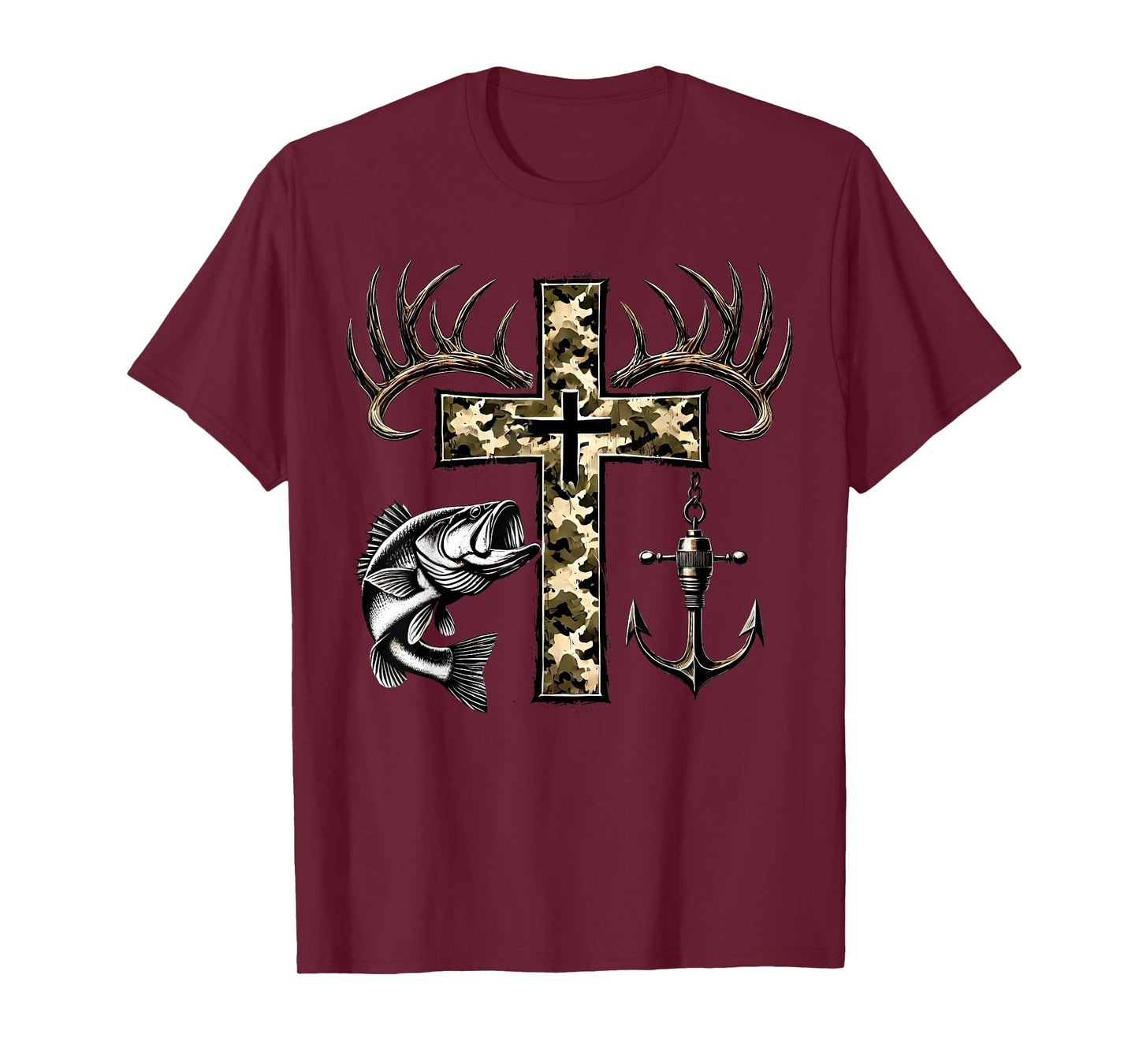 Hunting Fishing Cross Camo Faith Christian Fisherman Hunter T-Shirt