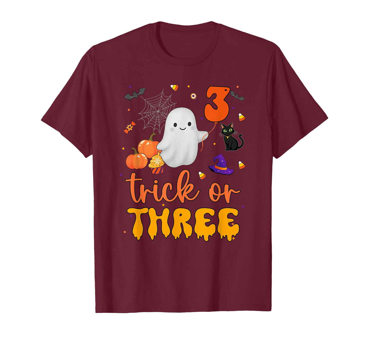 Trick or Three Ghost Pumpkins Cat Halloween 3rd Birthday Boy T-Shirt