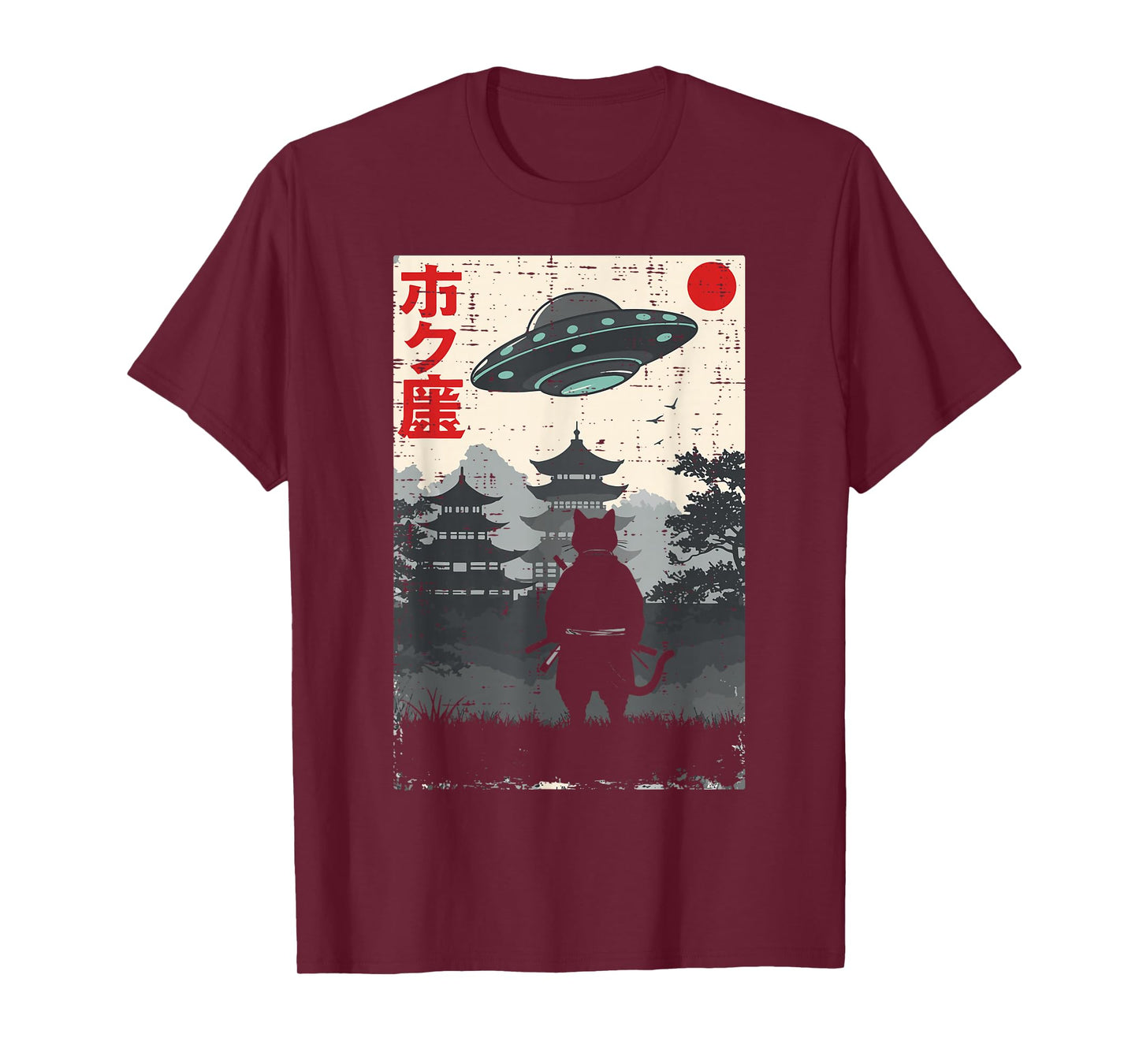 Japanese Ninja Cat UFO Temple Ukiyo-e Art Men Women Kids T-Shirt