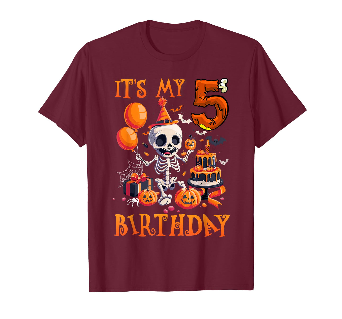 Kids Boo It's My 5th Birthday Halloween Skeleton 5 Years Old T-Shirt