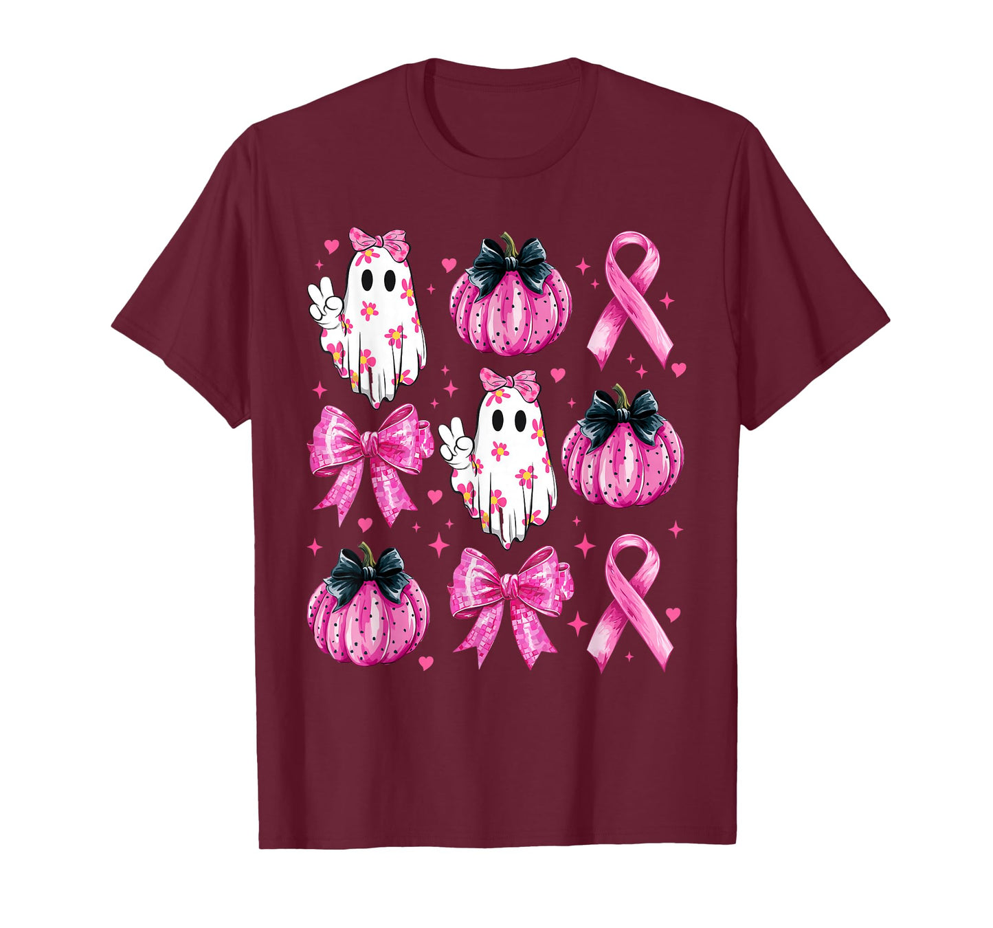 Retro Groovy Breast Cancer Ghost Coquette Halloween Pink Tee T-Shirt