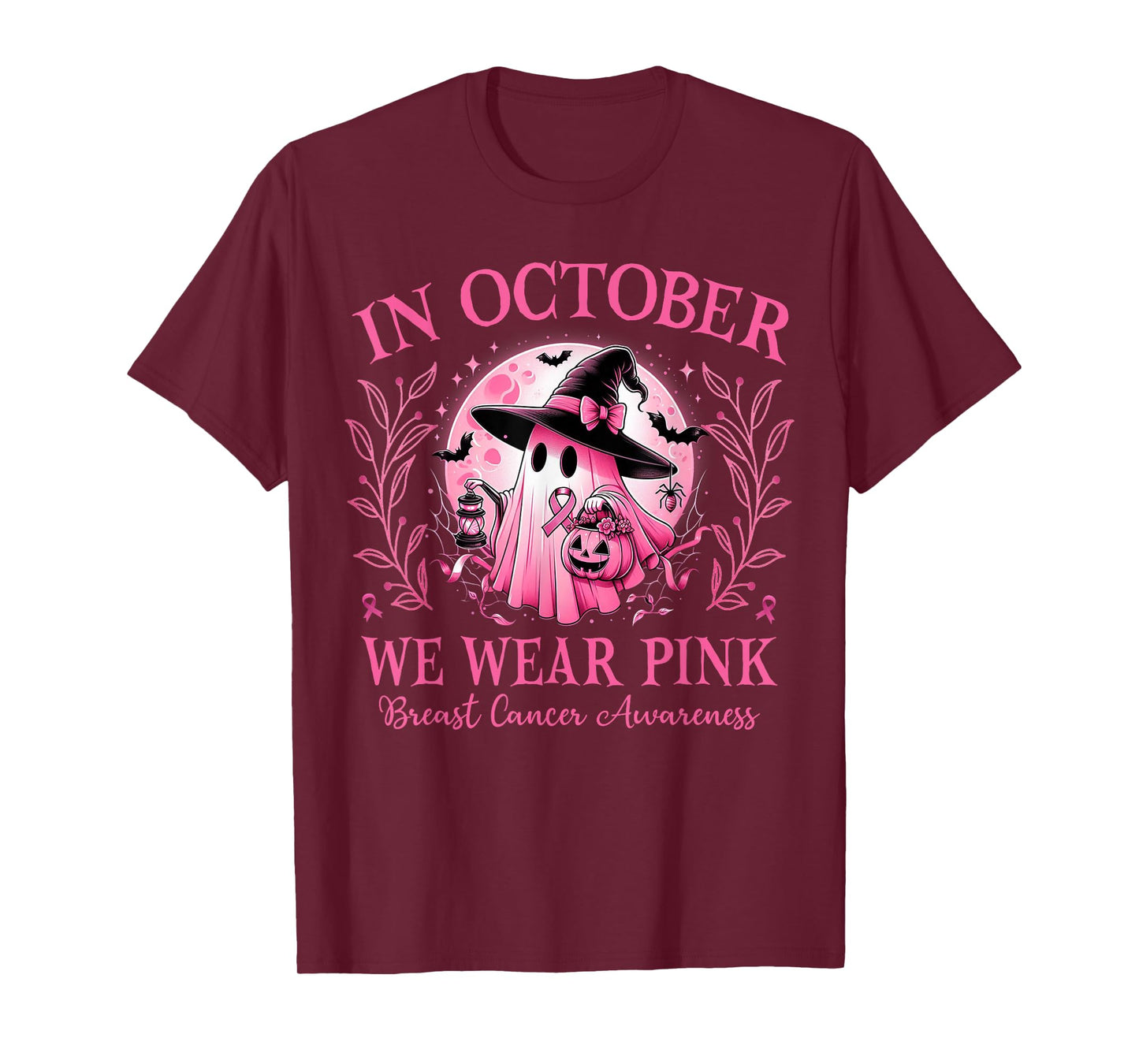 In October We Wear Pink Ghost Witch Breast Cancer Halloween T-Shirt