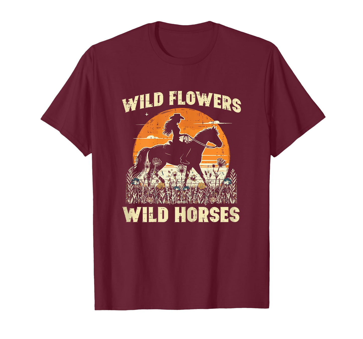 Wild Flowers Horses Cowgirl Retro Rodeo Girls Kids Women T-Shirt