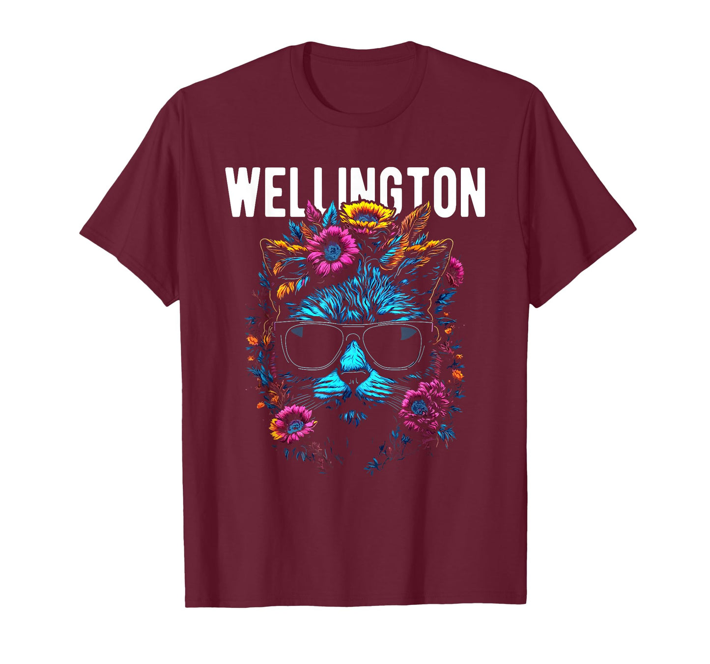Wellington Cat Wearing Sunglasses and Flowers Design T-Shirt for Men Women Kids