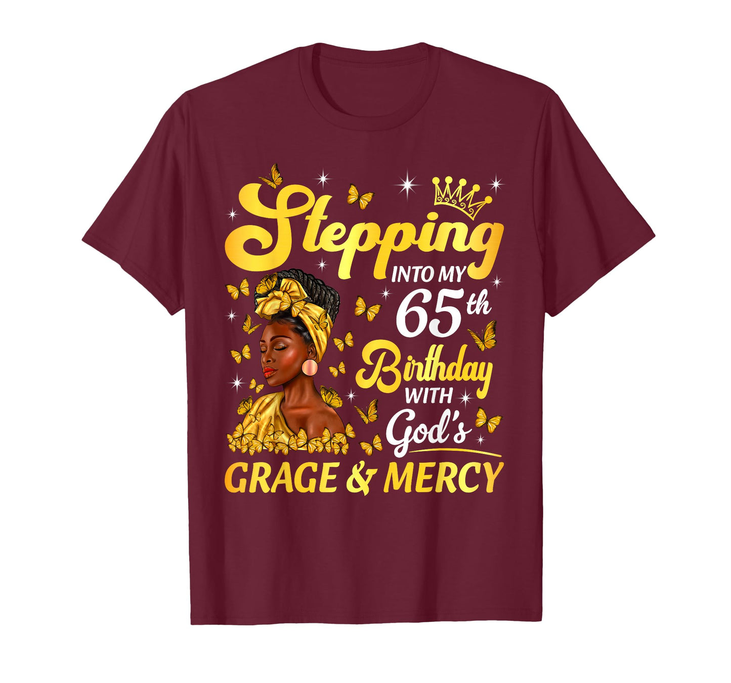 Stepping Into My 65th Birthday Afro Woman Religious Birthday T-Shirt
