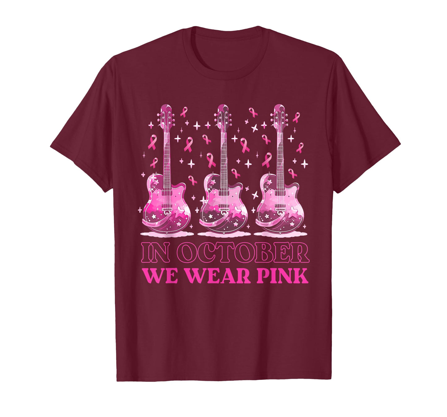 In October We Wear Pink Ribbon Guitar For Breast Cancer T-Shirt