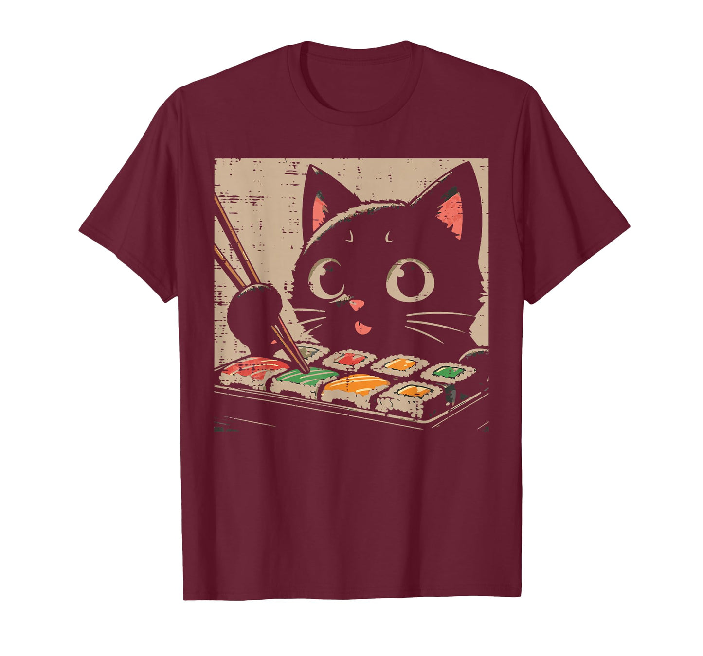 Black Cat Eating Sushi Kawaii Japanese Food Women Girls Kids T-Shirt