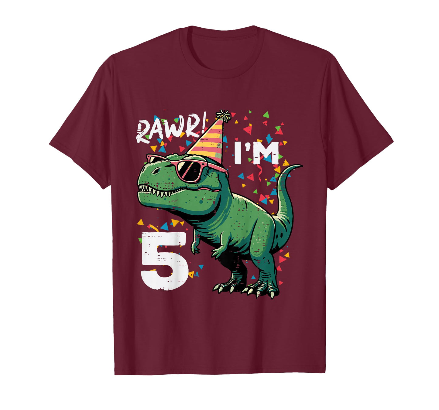 Kids 5th Birthday Trex Rawr Im 5 Years Old Dino Bday Boys Kids T-Shirt