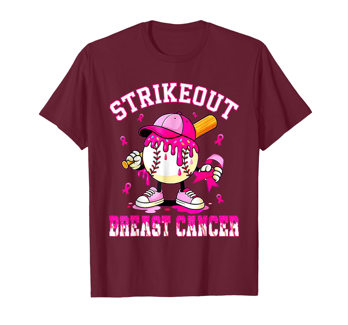Strike Out Breast Cancer Awareness Baseball Drip Pink Ribbon T-Shirt