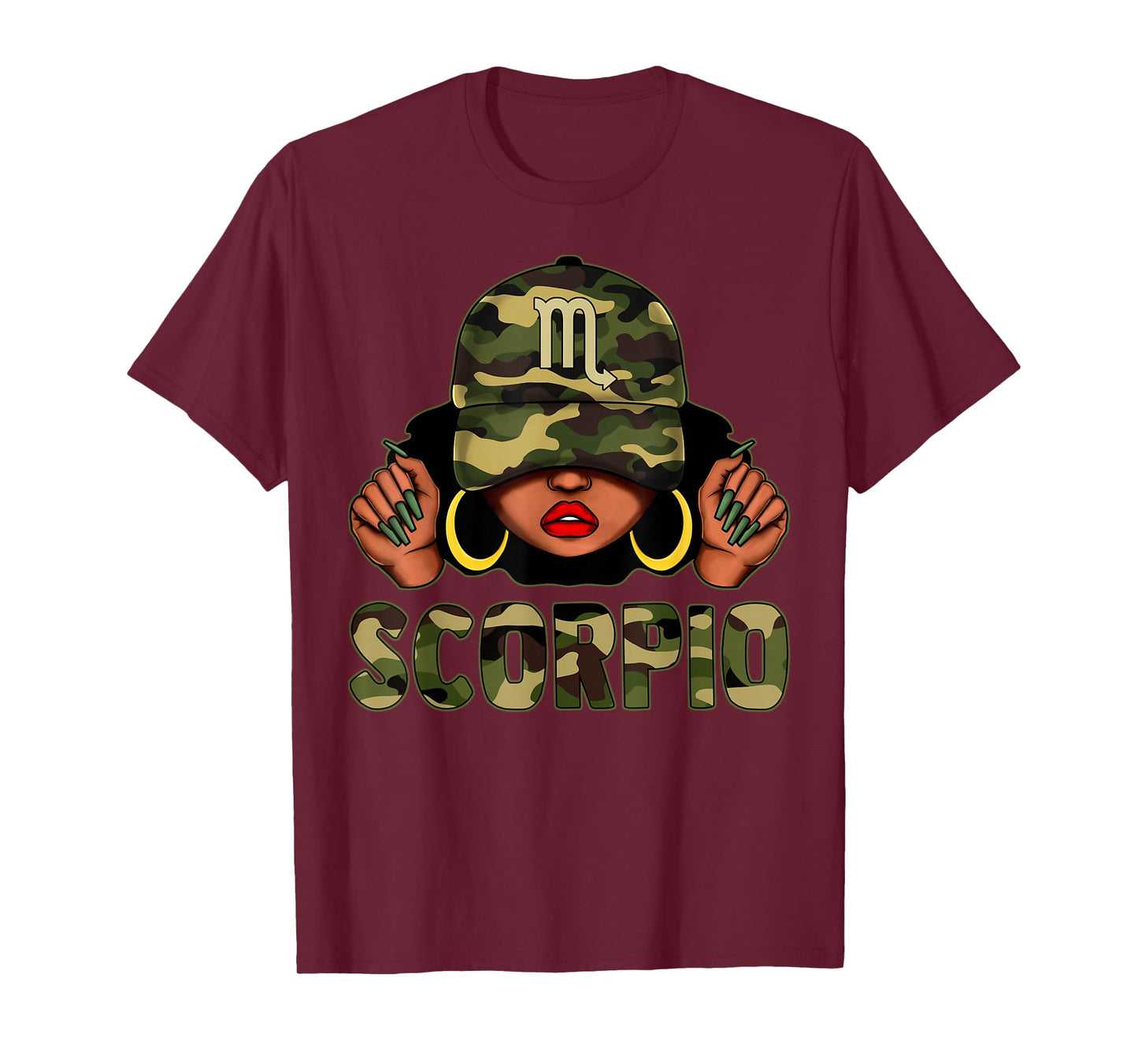 Scorpio Queen Black Woman With Cap Camo Afro Girl Zodiac T-Shirt