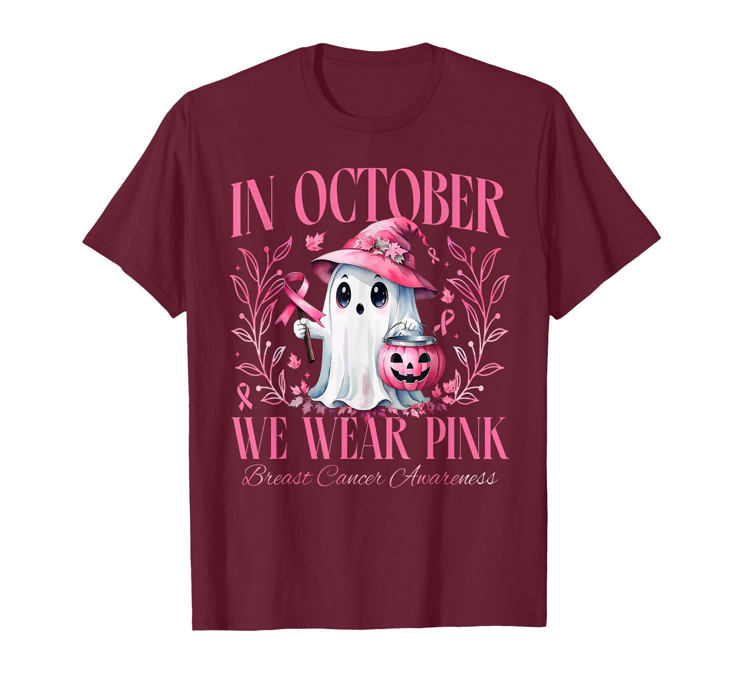 In October We Wear Pink Breast Cancer Awareness Ghost Ribbon T-Shirt