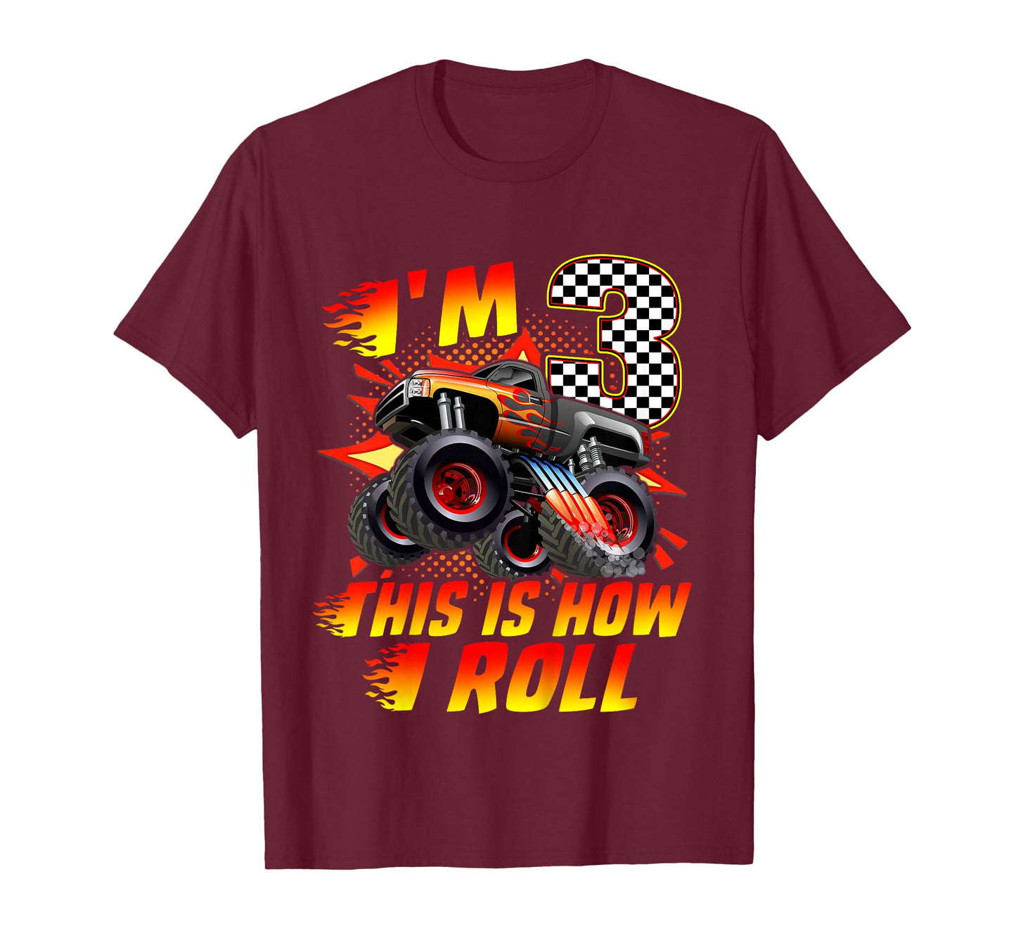 Kids I'm 3 This Is How I Roll Monster Truck Car 3rd Birthday Boys T-Shirt