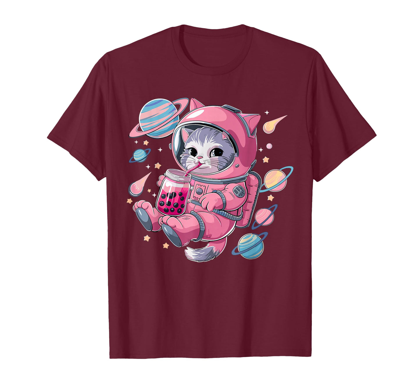 Kawaii Cat Bubble Tea Boba Tea Space Astronaut Anime Girls T-Shirt