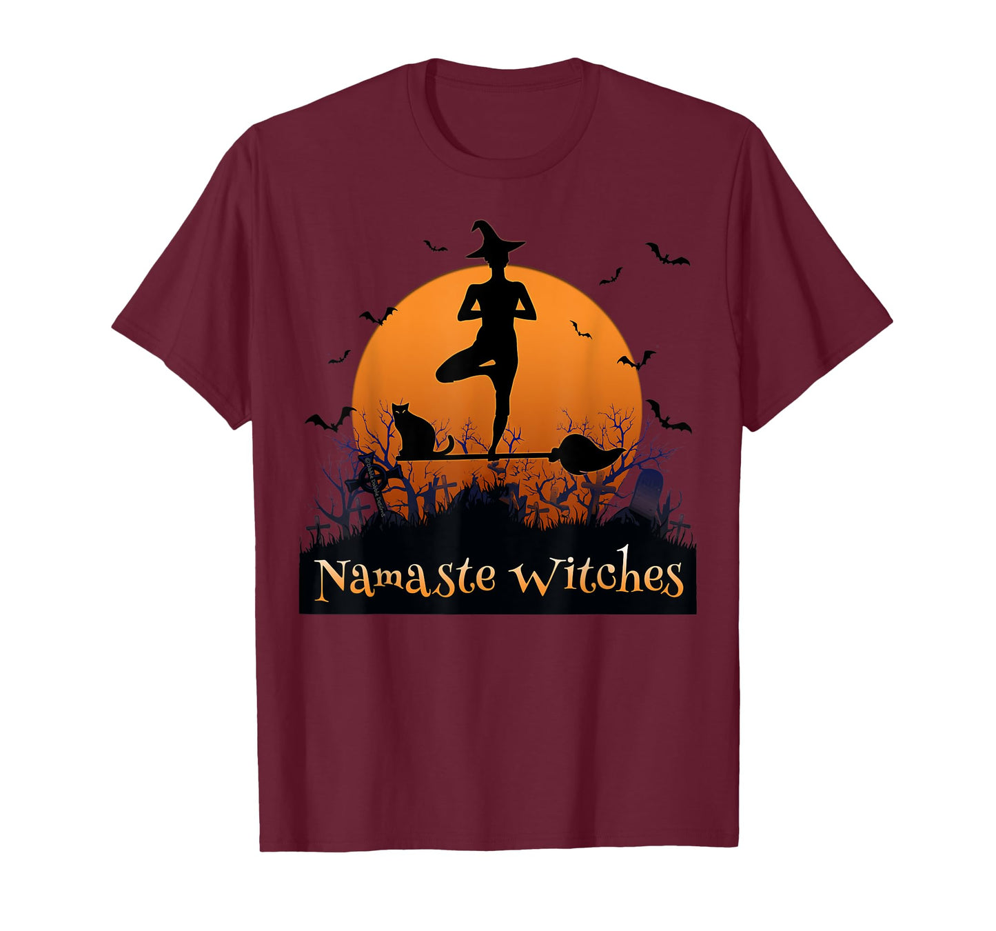 Yoga Lovers Namaste Witches Full Moon Cemetery Halloween T-Shirt