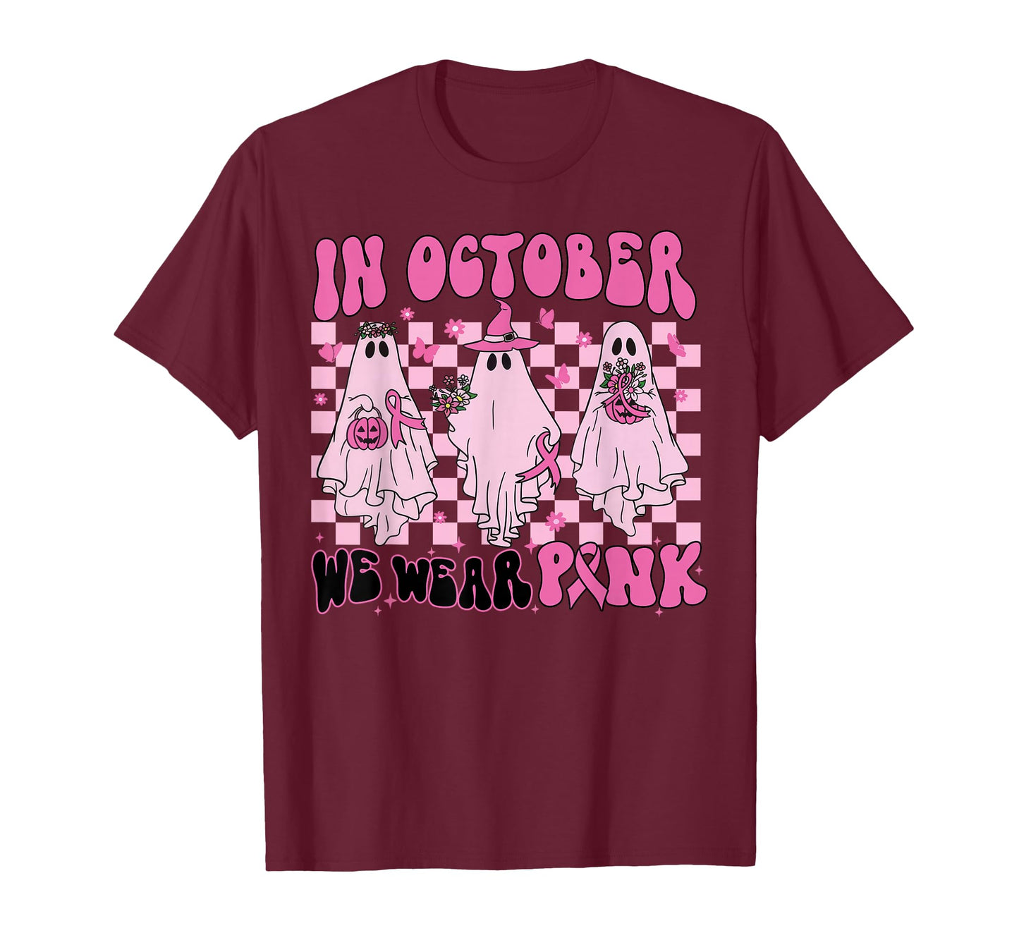 In October We Wear Pink Ghost Breast Cancer Halloween Party T-Shirt