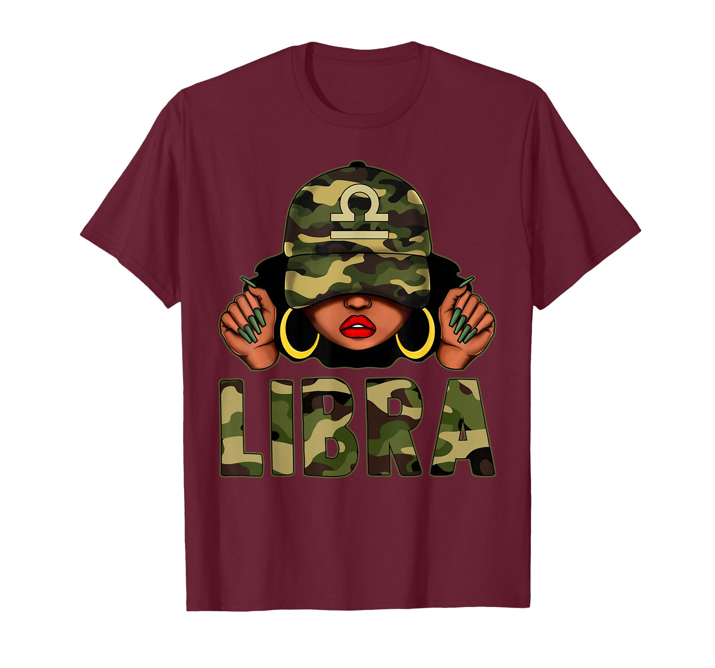 Libra Queen Black Woman With Cap Camo Afro Girl Zodiac T-Shirt