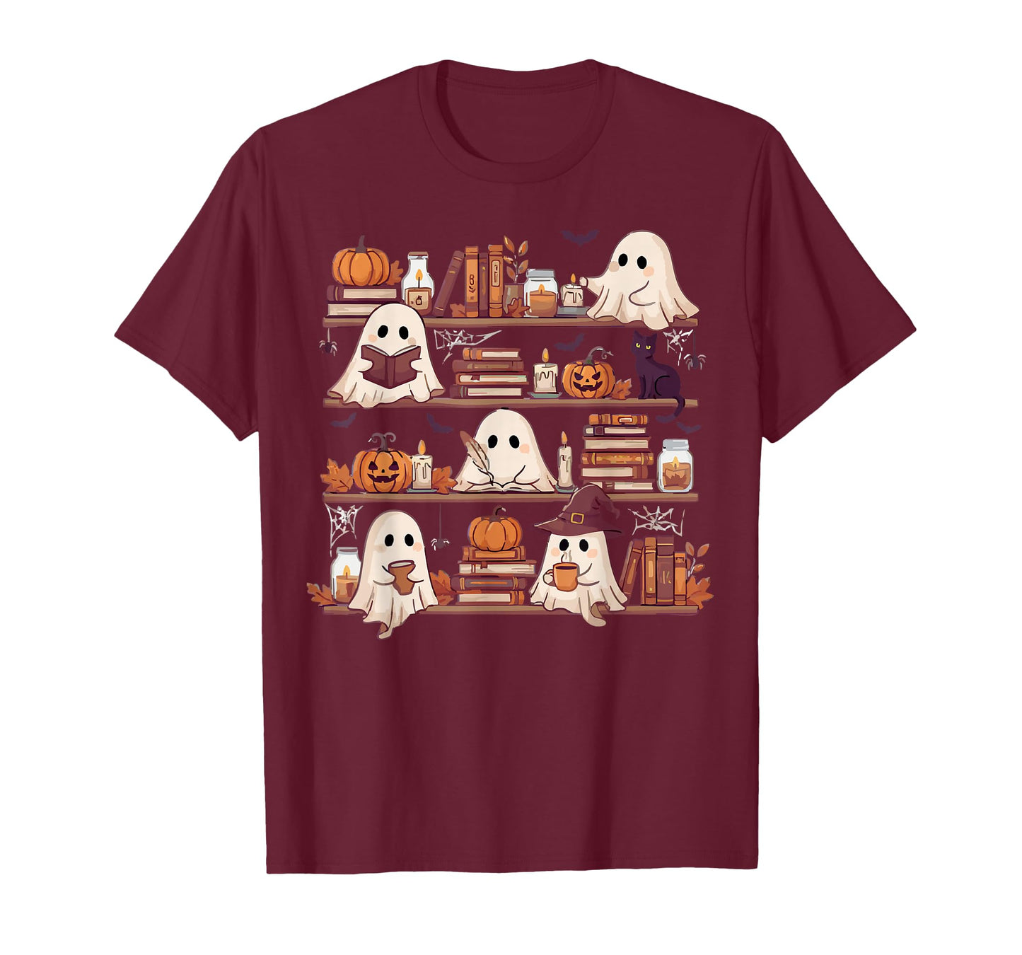 Retro Ghosts Reading Book Halloween Bookshelf Spooky Library T-Shirt