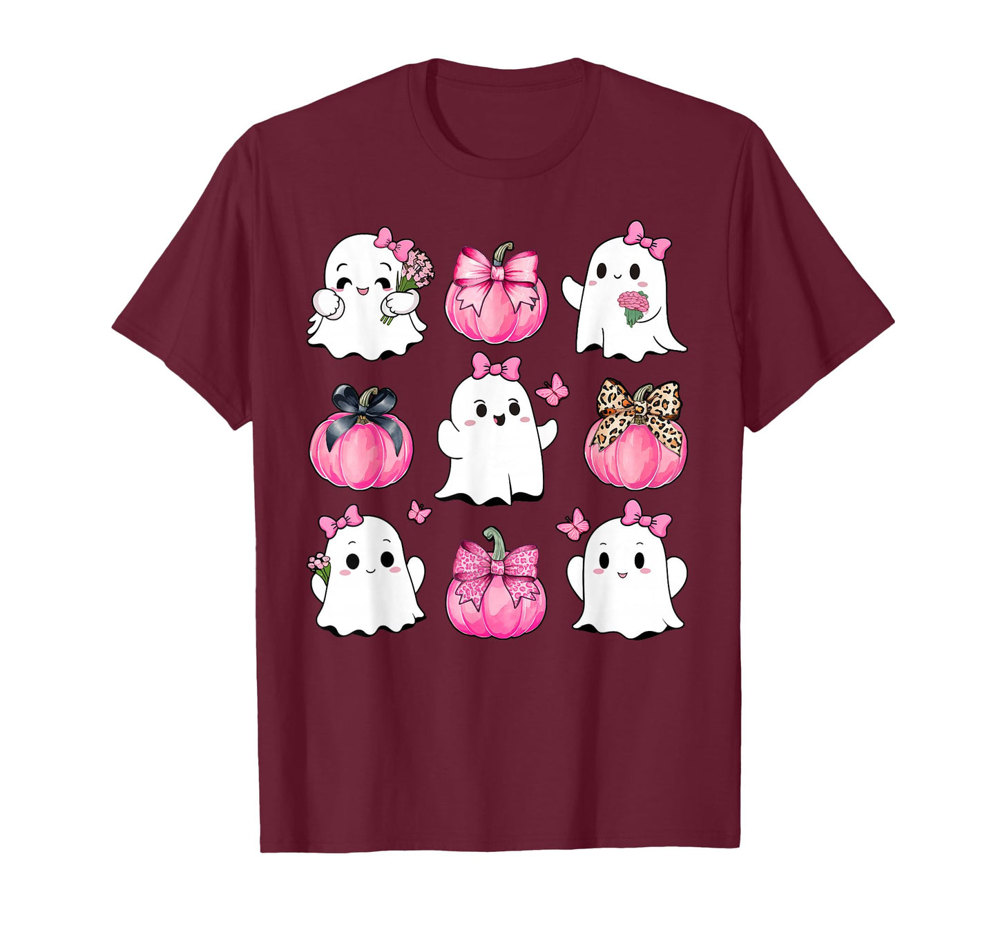 Cute Ghost Florals Pink Coquette Bows Pumpkins Halloween T-Shirt