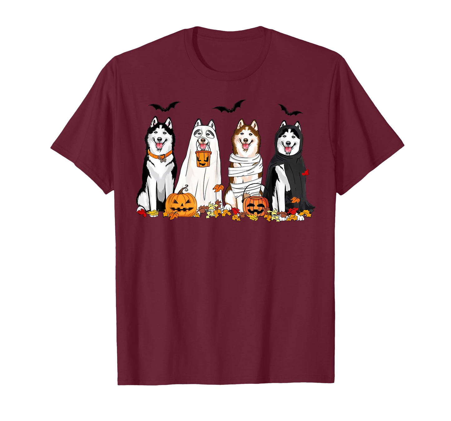 Siberian Husky Dogs Ghost Witch Mummy Halloween Pumpkins T-Shirt