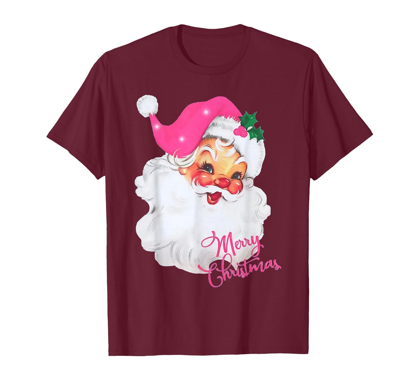 Vintage Pink Santa Claus Merry Christmas Pajamas Xmas Women T-Shirt