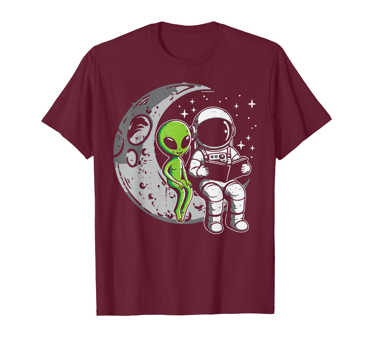 Astronaut Reading Book To Alien Moon Space Women Kids Men T-Shirt
