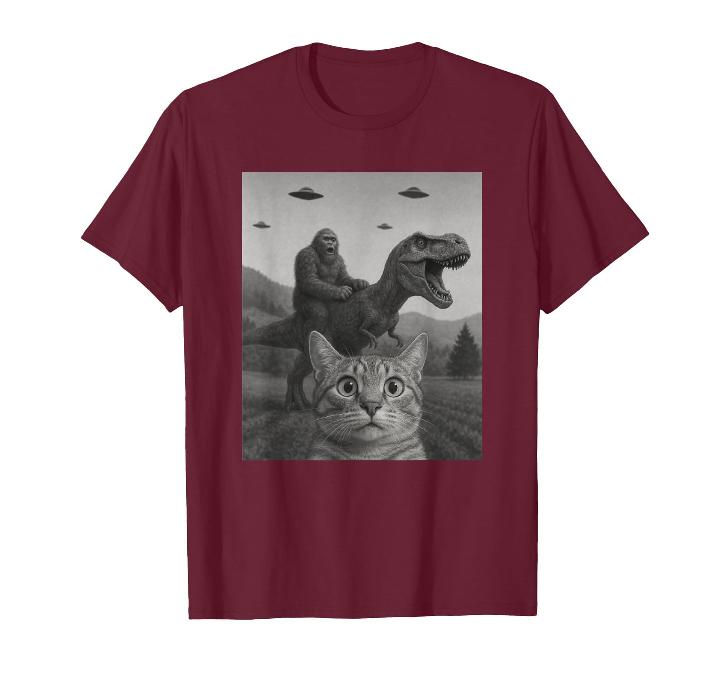Cat Selfie with Bigfoot Riding T-rex Dinosaur Alien UFO Men Women Kids T-Shirt