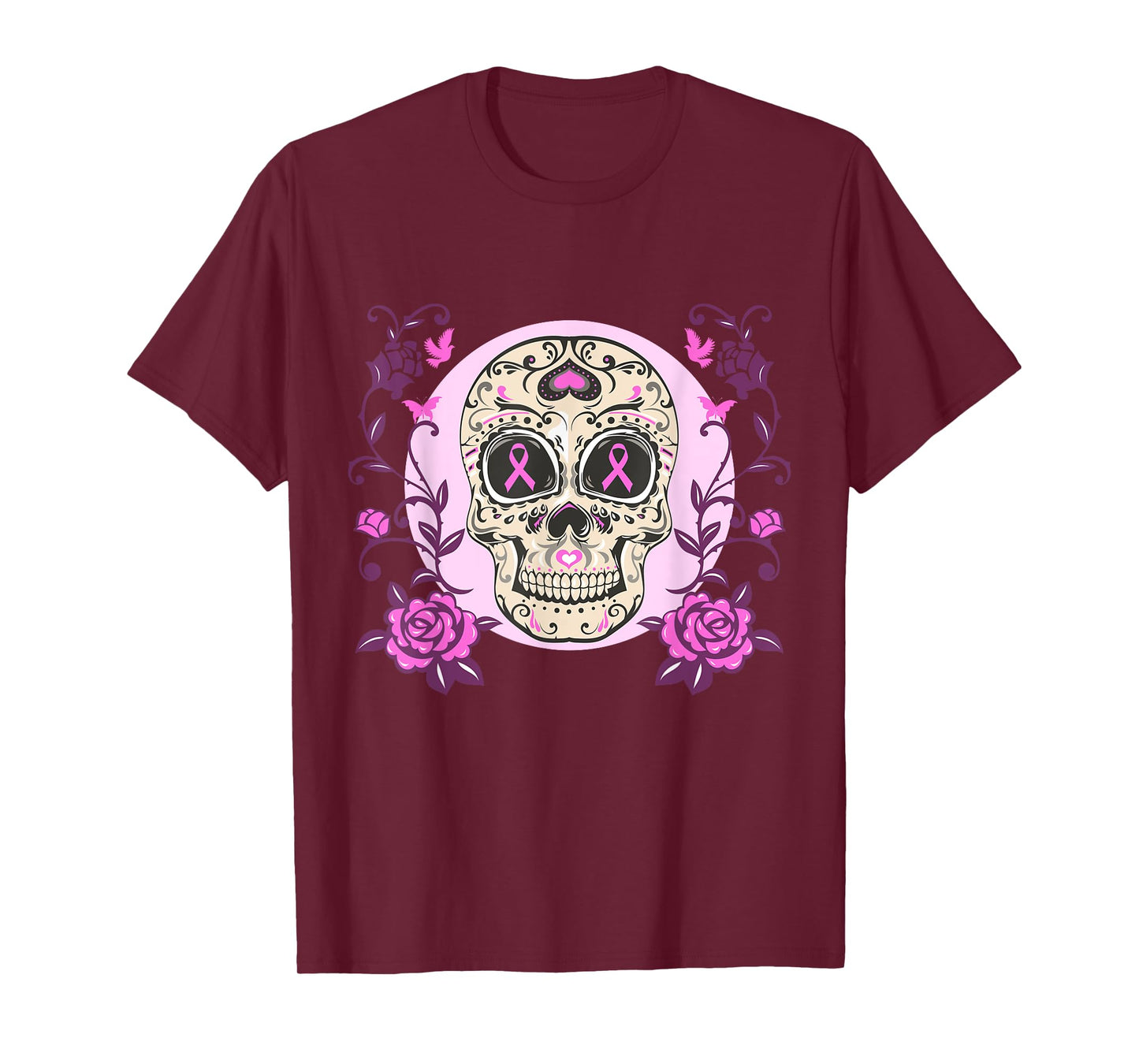 Sugar Skull Pink Ribbon Breast Cancer Awareness Calavera T-Shirt
