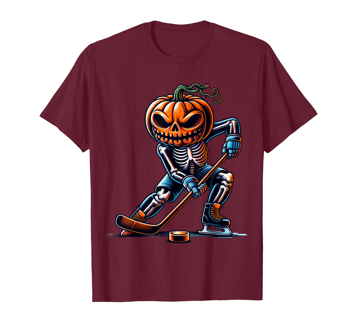 Skeleton Ice Hockey Halloween Pumpkin Hockey Mens Boys Kids T-Shirt