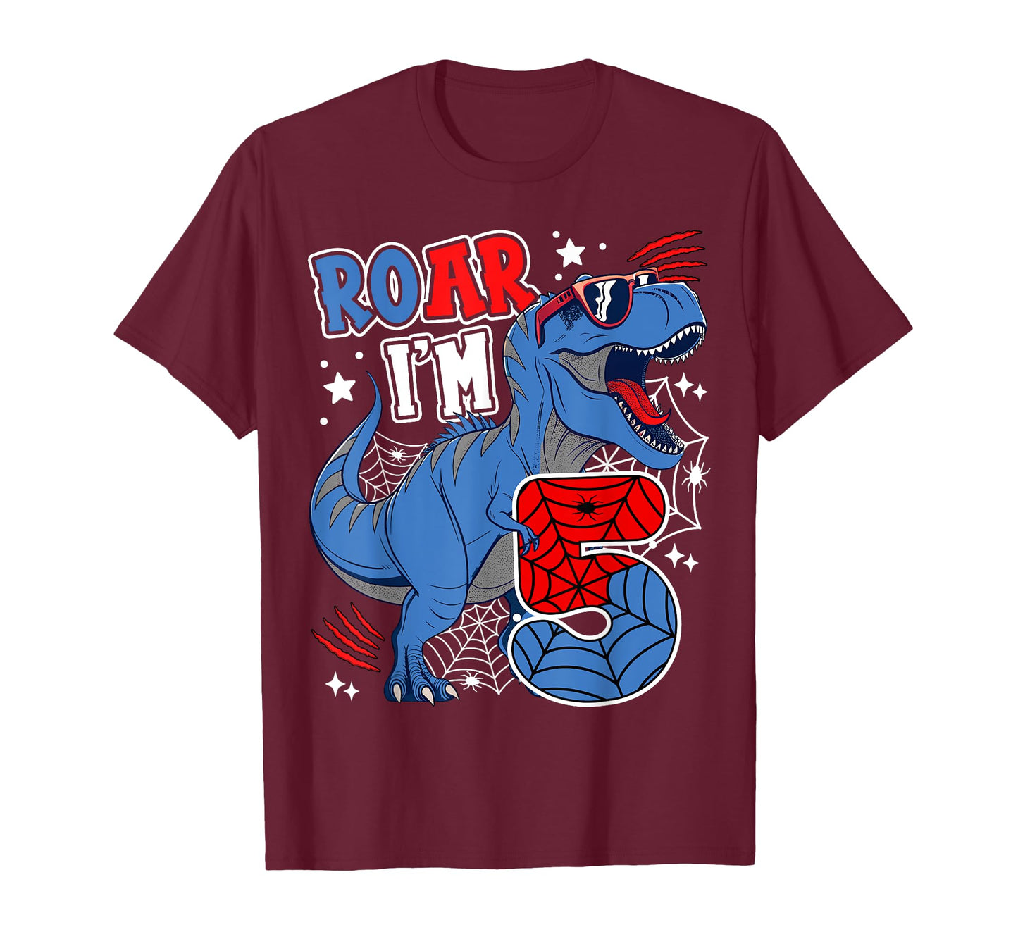 Dinosaur 5th Birthday Spider Theme Party 5 Years Boy Kids T-Shirt
