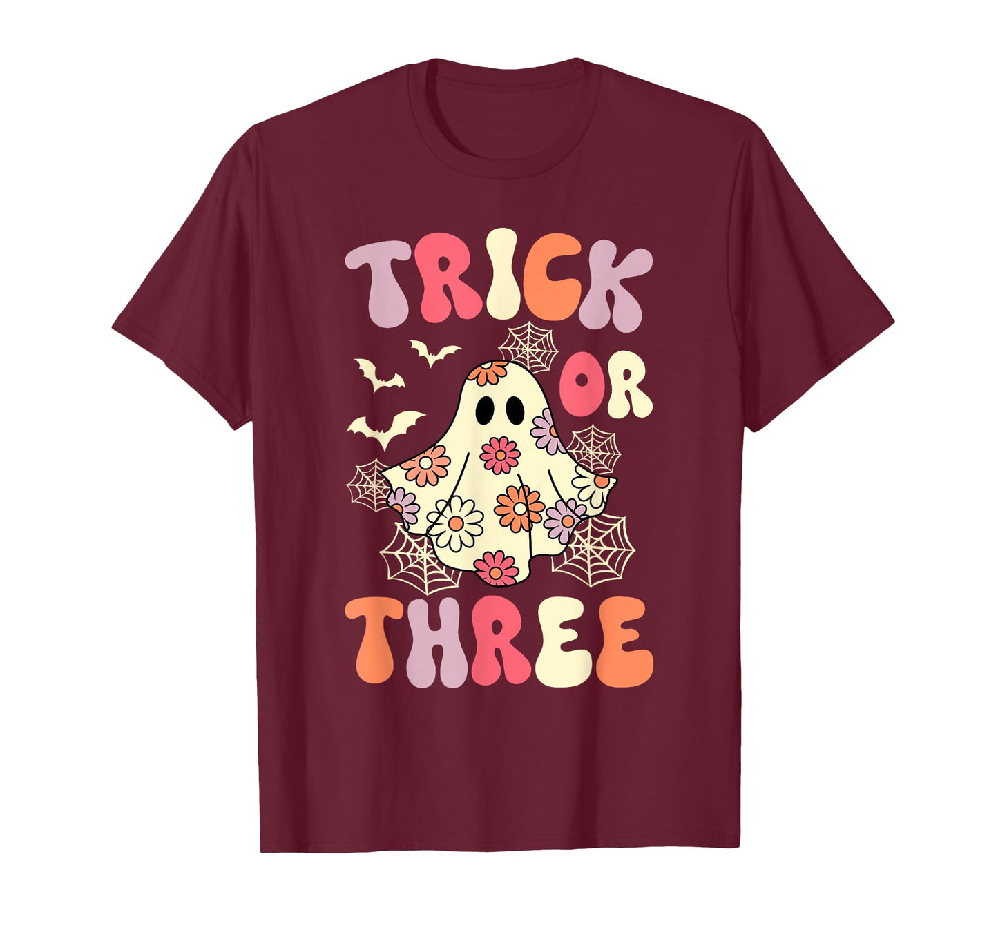 Trick Or Three 3 Years Old Birthday Groovy Ghost Halloween T-Shirt