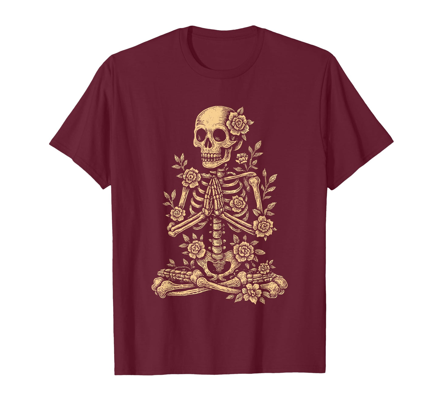 Halloween Yoga Skeleton Meditating Floral T-Shirt