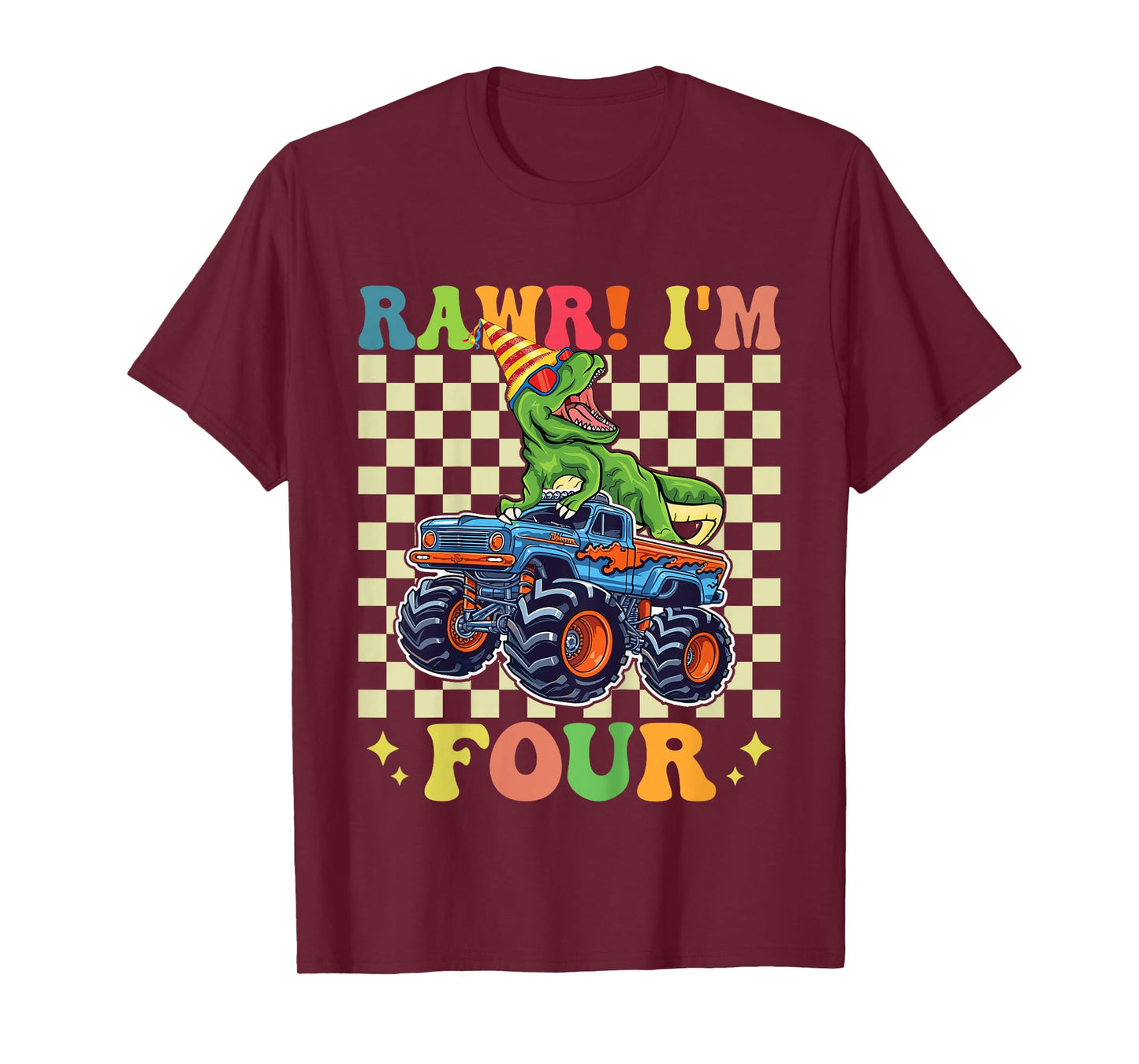 Kids 4th Birthday Monster Truck Dinosaur Party Boys Rawr I'm 4 T-Shirt