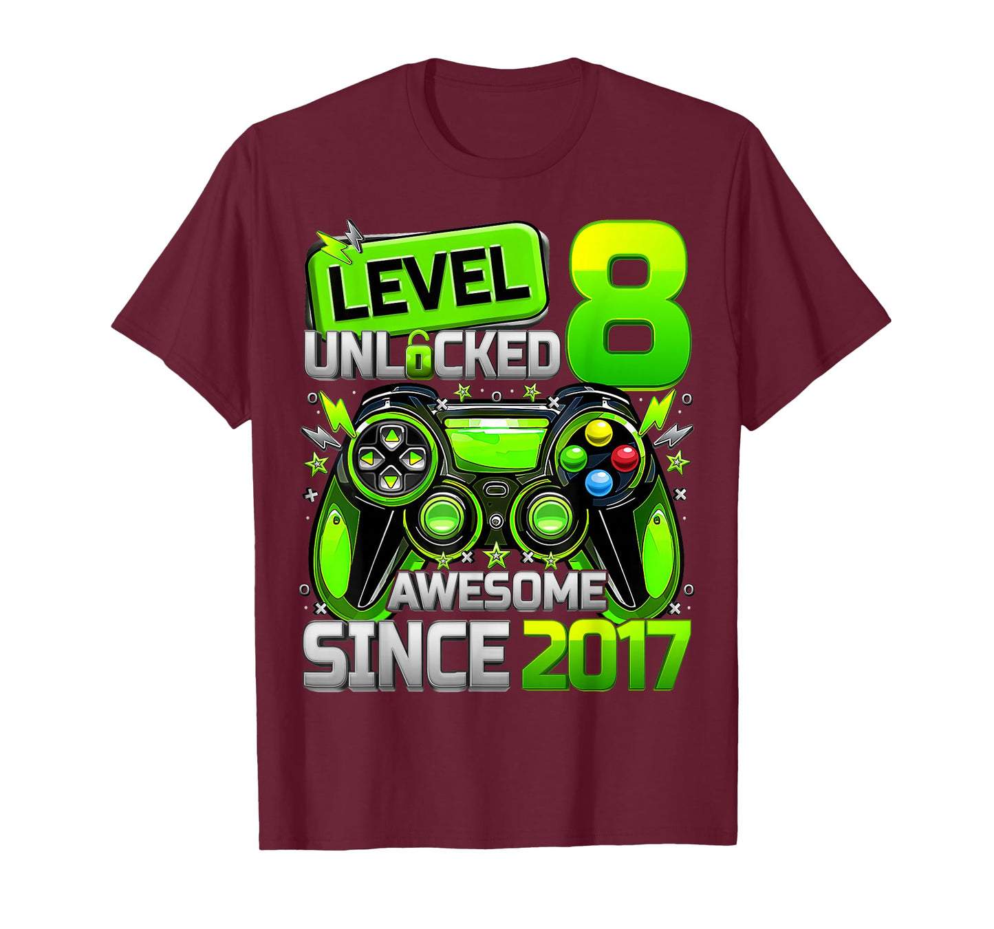 Level 8 Unlocked Awesome Since 2017 8th Birthday Gaming Kids T-Shirt