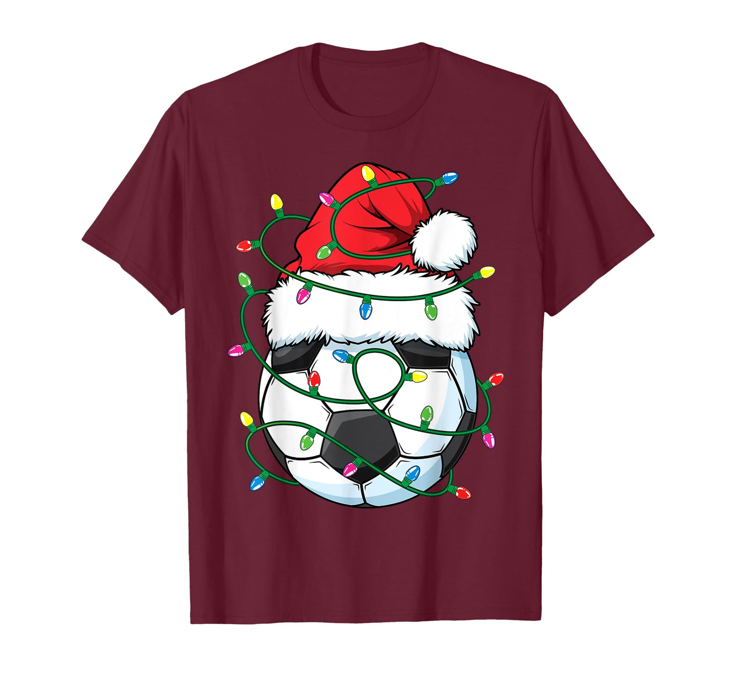 Funny Christmas Soccer Ball Santa Hat Xmas Lights Girls Boys T-Shirt