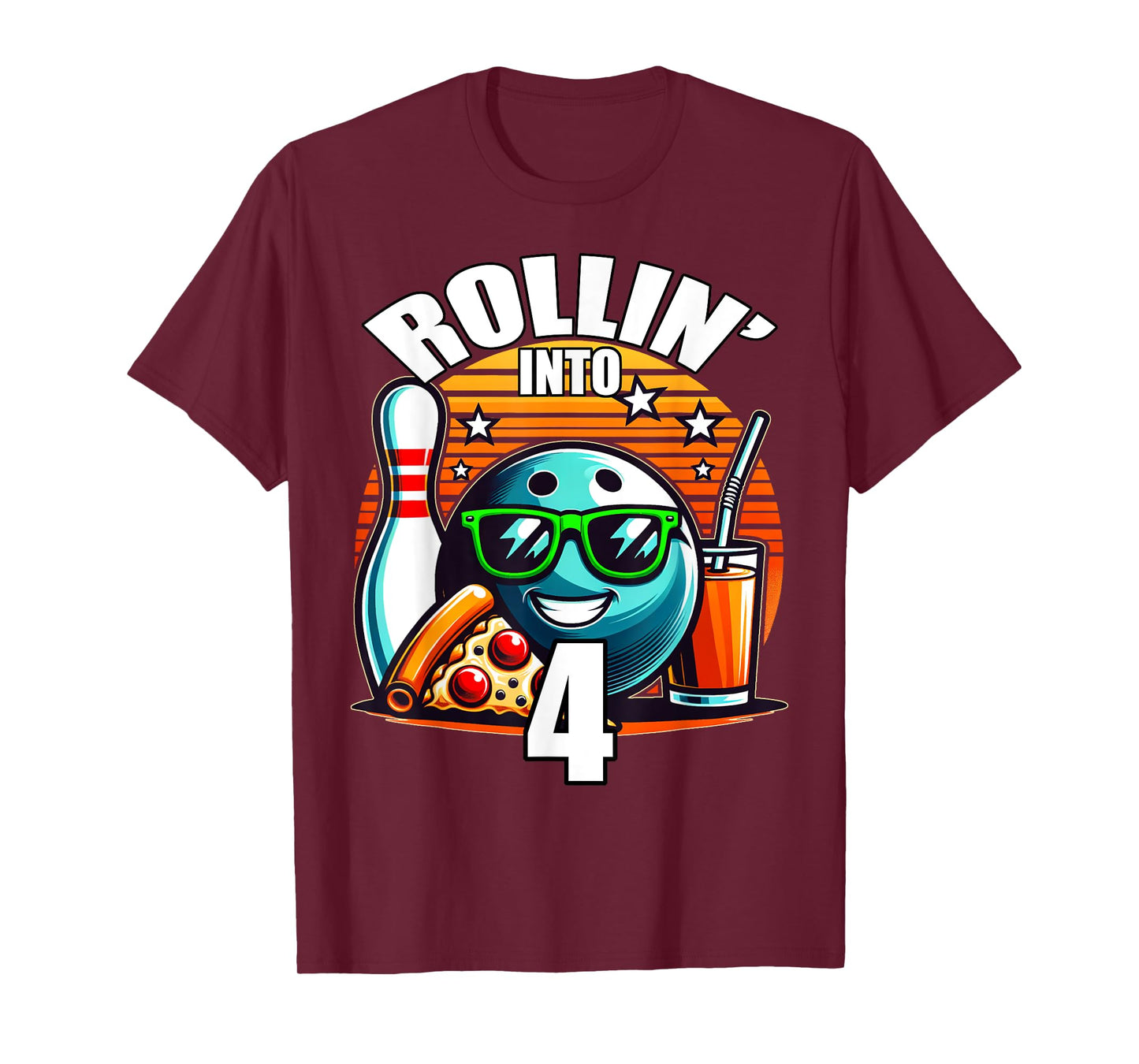 Rollin into 4 Bowling Birthday Party 4th Birthday Retro Kids T-Shirt