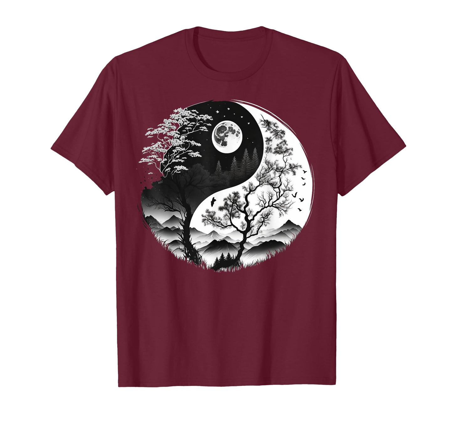 Black and White Yin Yang Symbol on Nature Taijitu Yin Yang T-Shirt