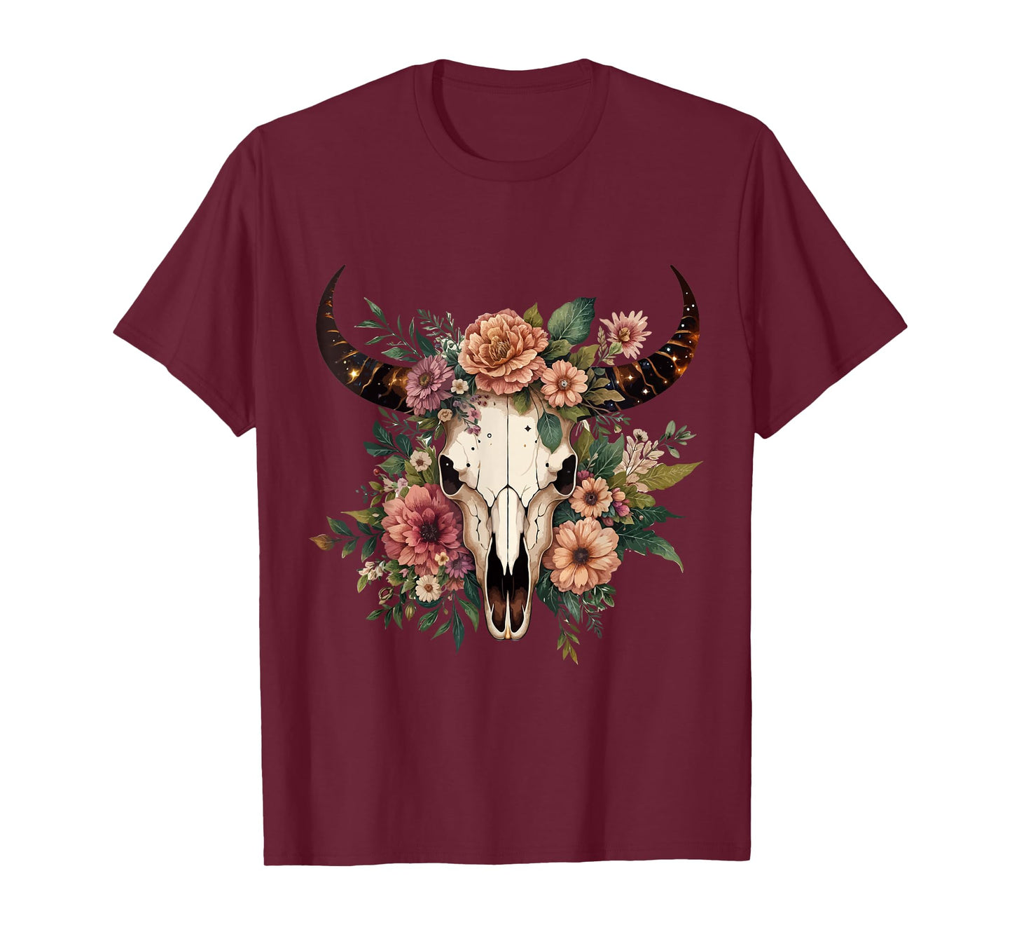 Boho Cow Bull Skull Flowers Wild west Western Cowgirl Texans T-Shirt
