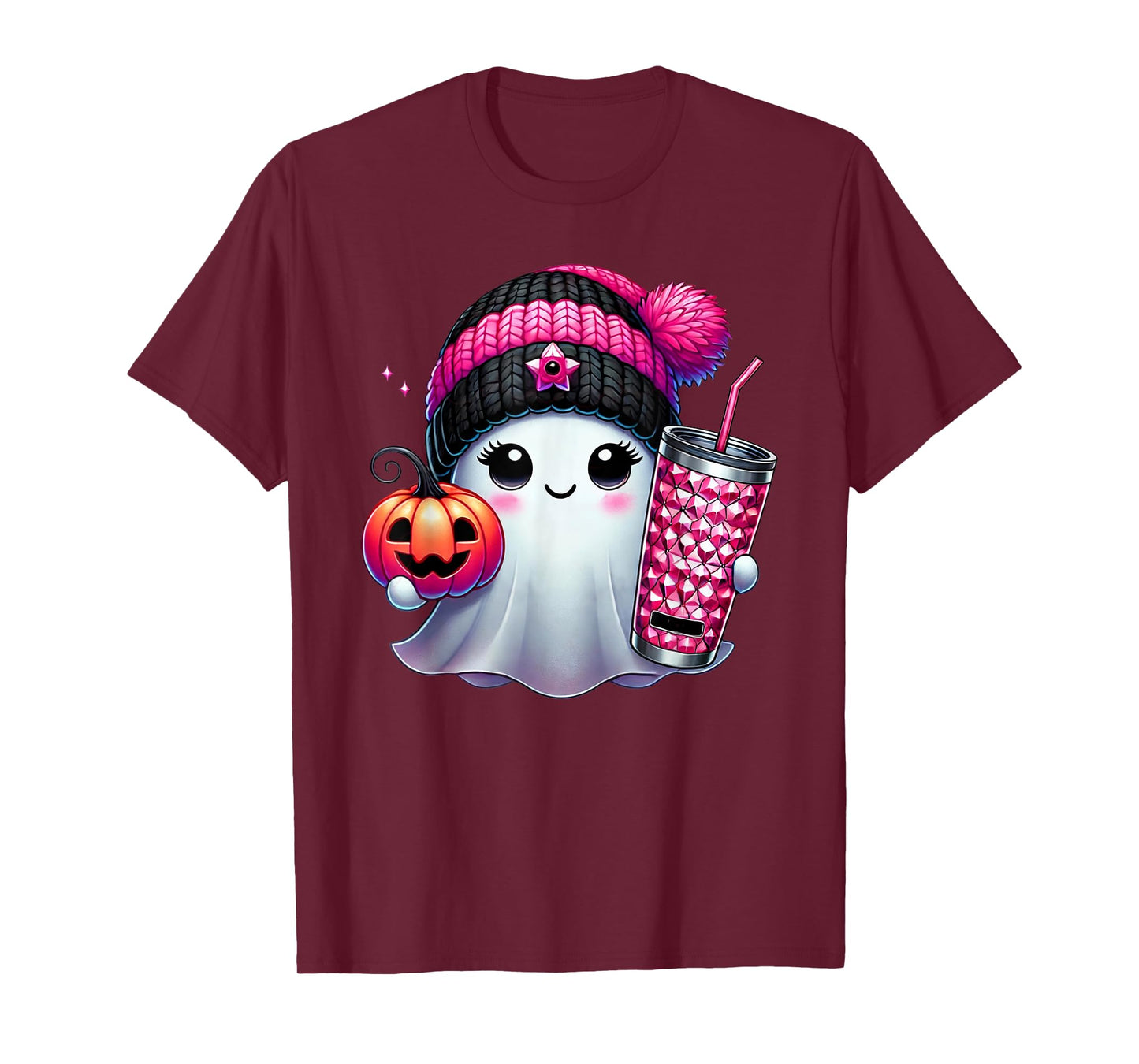 Cute Ghost Drinking Coffee Halloween Ghost Ice Coffee Womens T-Shirt