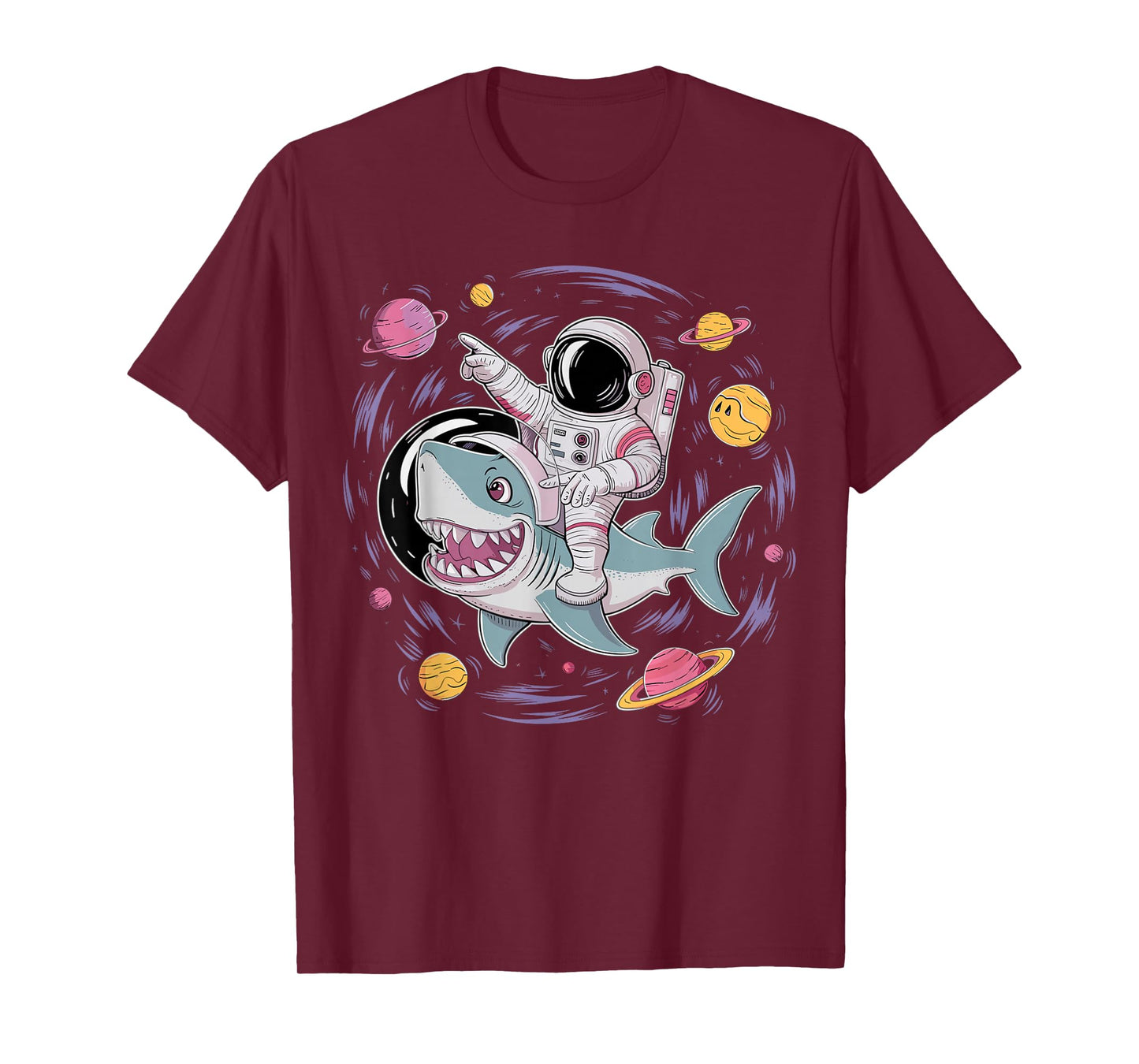Astronaut Riding Shark Birthday Party in Outer Space T-Shirt